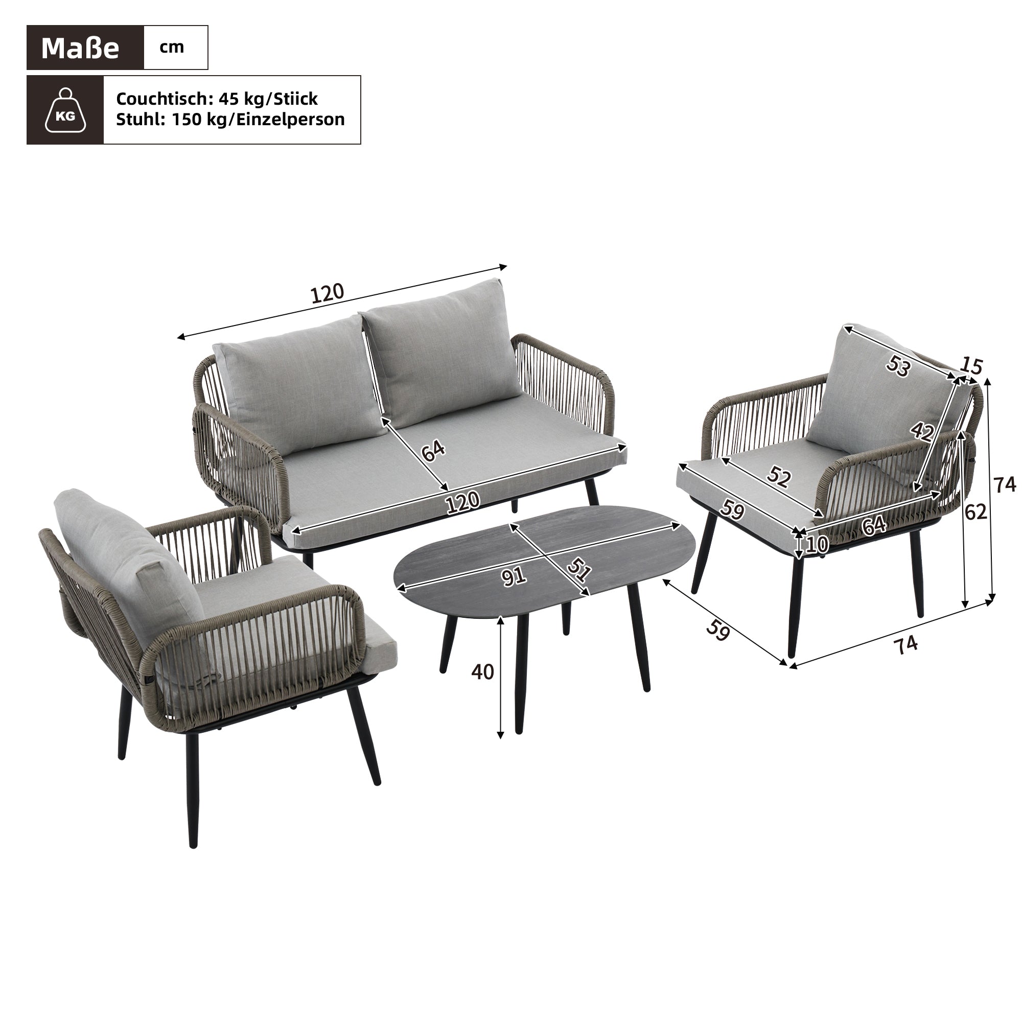Garden Furniture Set with Sofa, Armchairs, and Coffee Table, Grey Steel and Rope