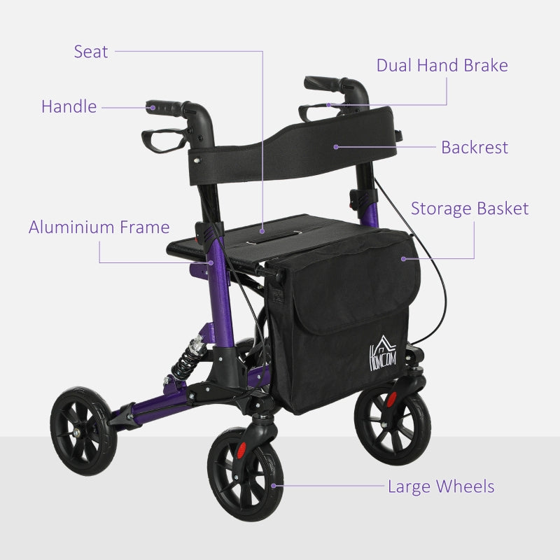 Folding Rollator Walker with Seat, Dual Brakes, Adjustable Height, 4-Wheeled, Purple