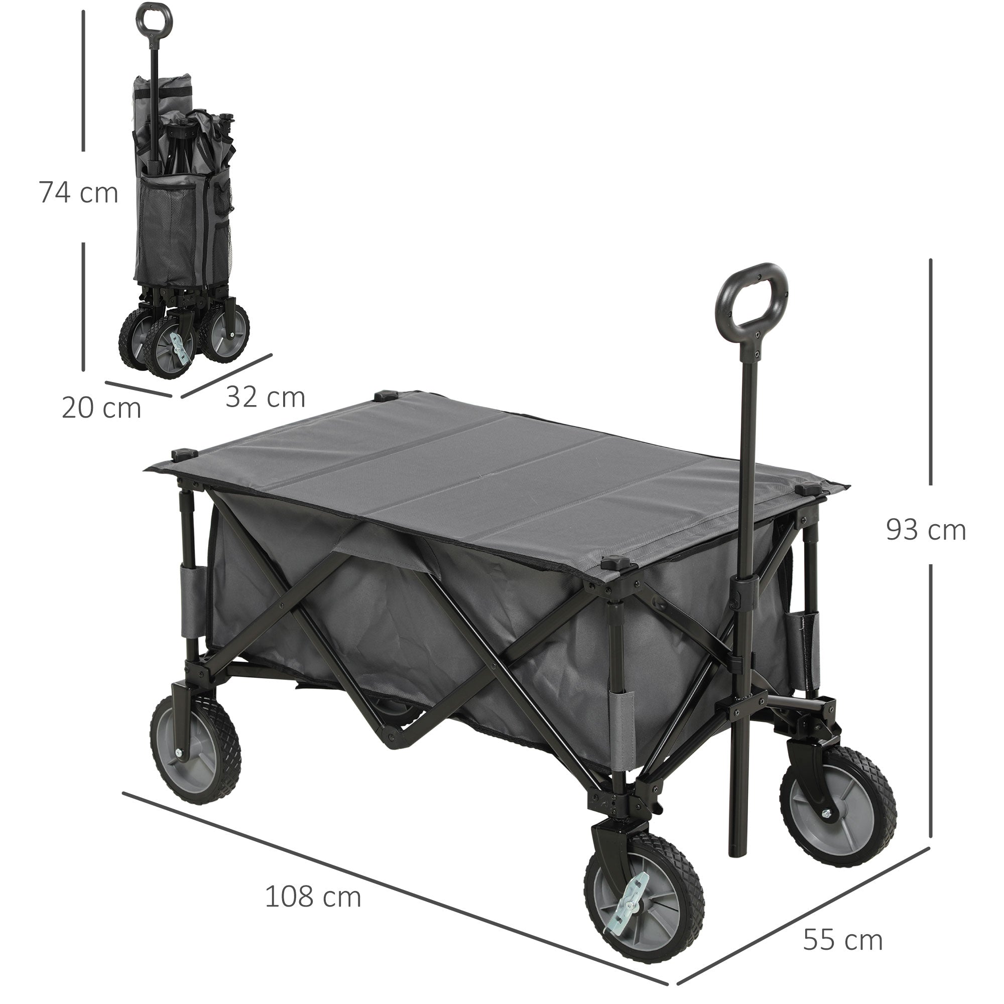 Folding Handcart, 120 kg Load, Adjustable Handle, Side Pockets & Folding Board, Dark Grey