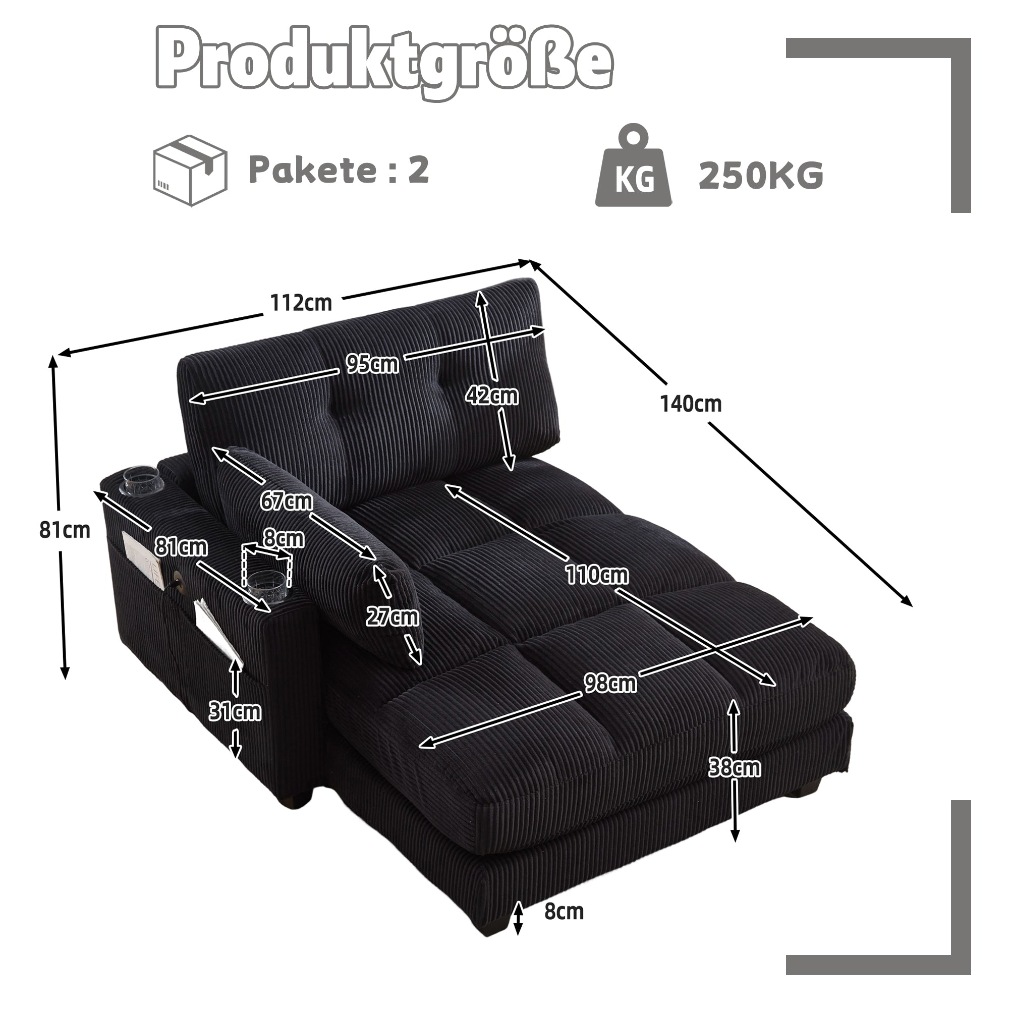 Palm Chair, Fluffy Striped Upholstery with Rolling Handrails, Black