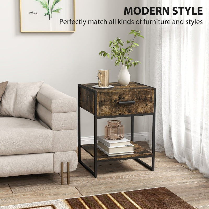 Modern Bedside Table with Drawer and Shelf Rustic Brown