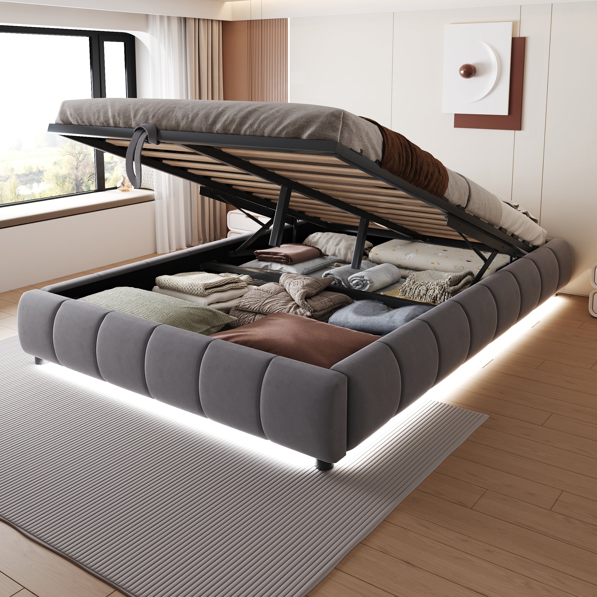Upholstered Bed, 140x200cm LED Floating with Storage, Grey