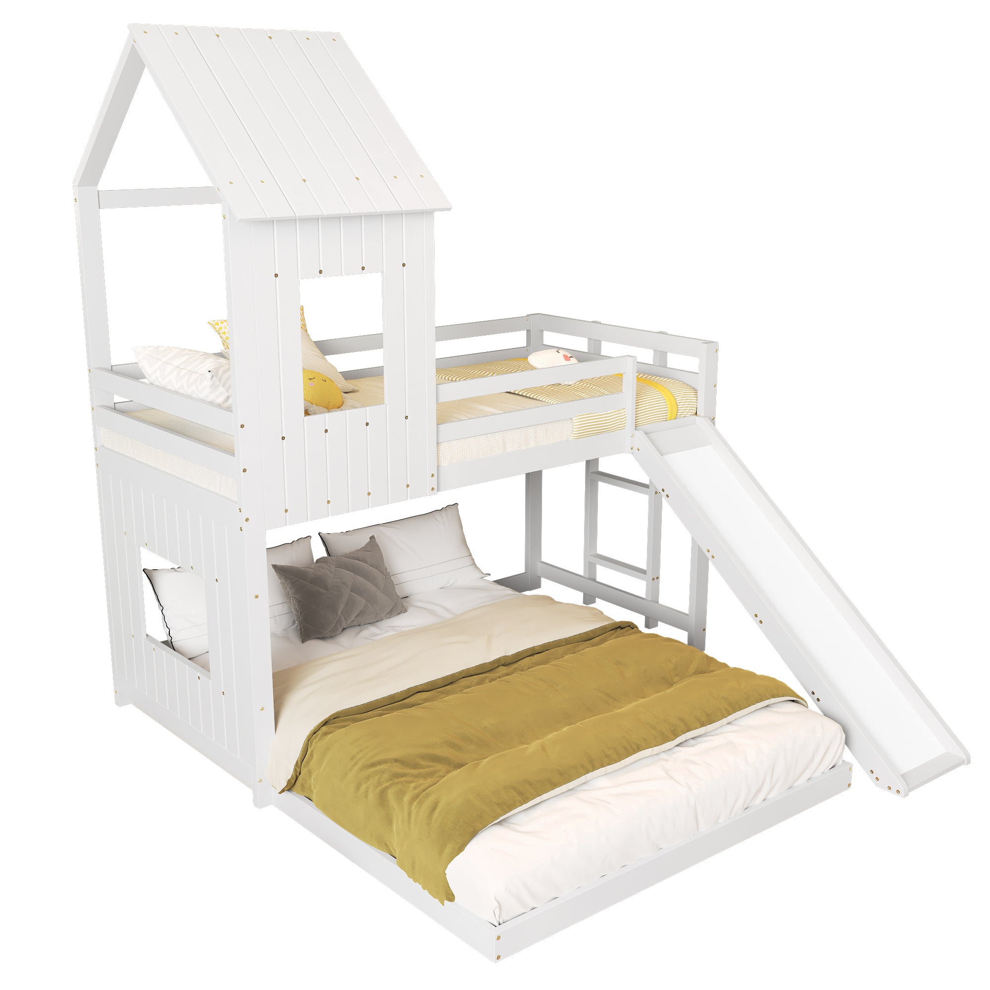 Bunk Bed, Slide House Bed with Safety Gate & Ladder, Pine + MDF, White