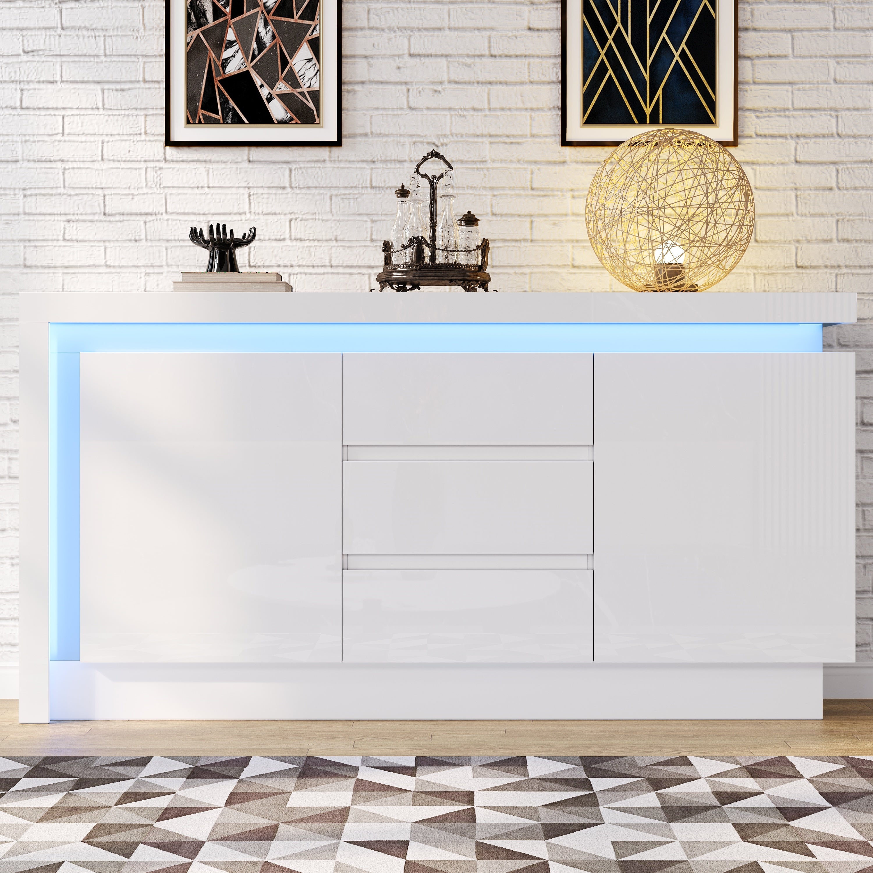 Sideboard, 140x35x72cm, 3 Drawers, 2 Doors, Adjustable Shelves, LED, High-Gloss White