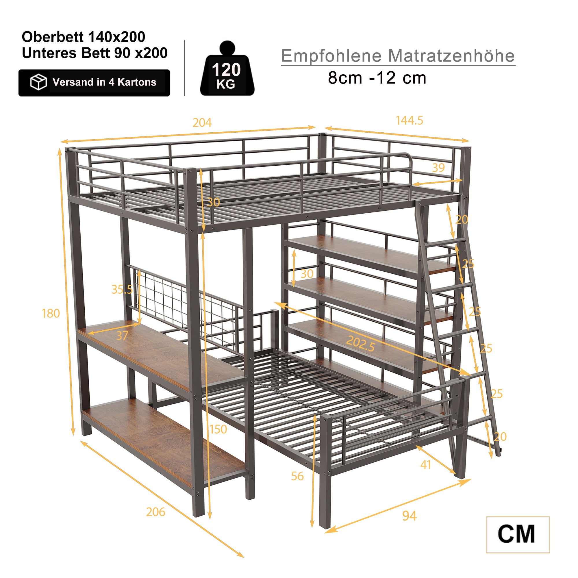 Bunk Bed Metal Frame Loft Bed 140*200 Multifunctional with Storage, Black