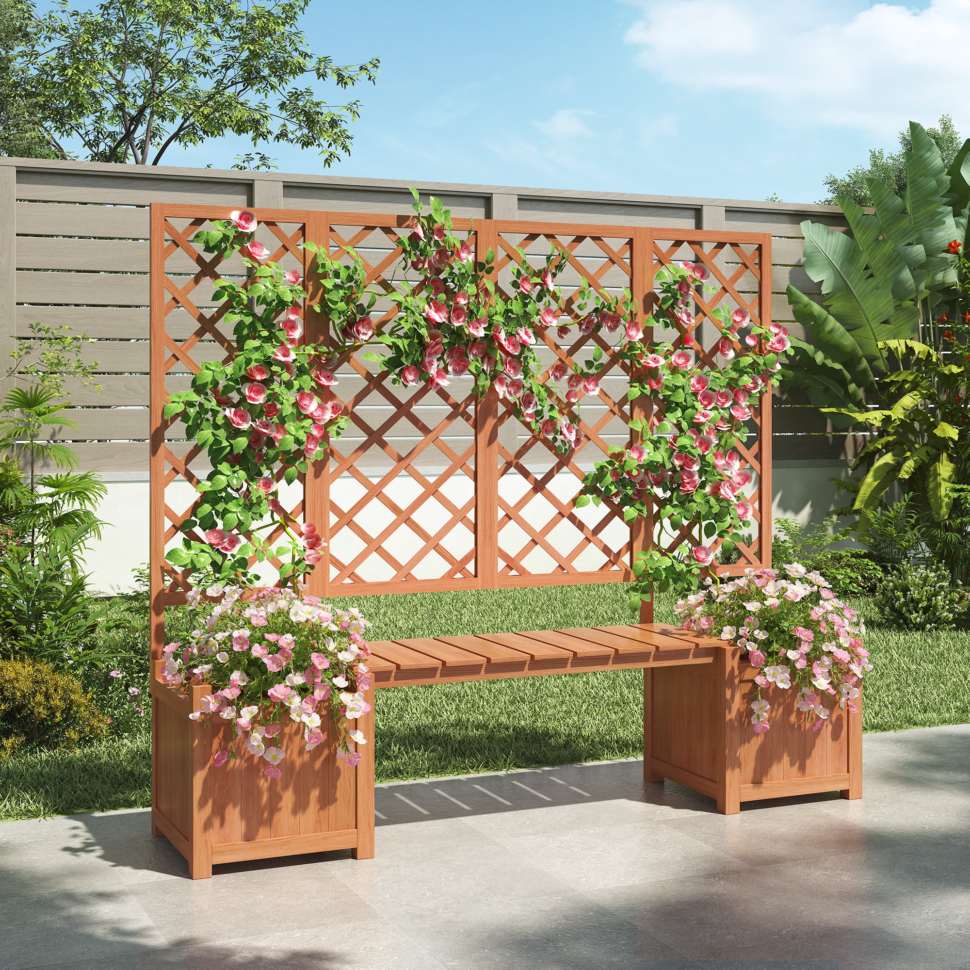 Planter Box with Trellis, Seat & Storage - Brown Solid Fir Wood