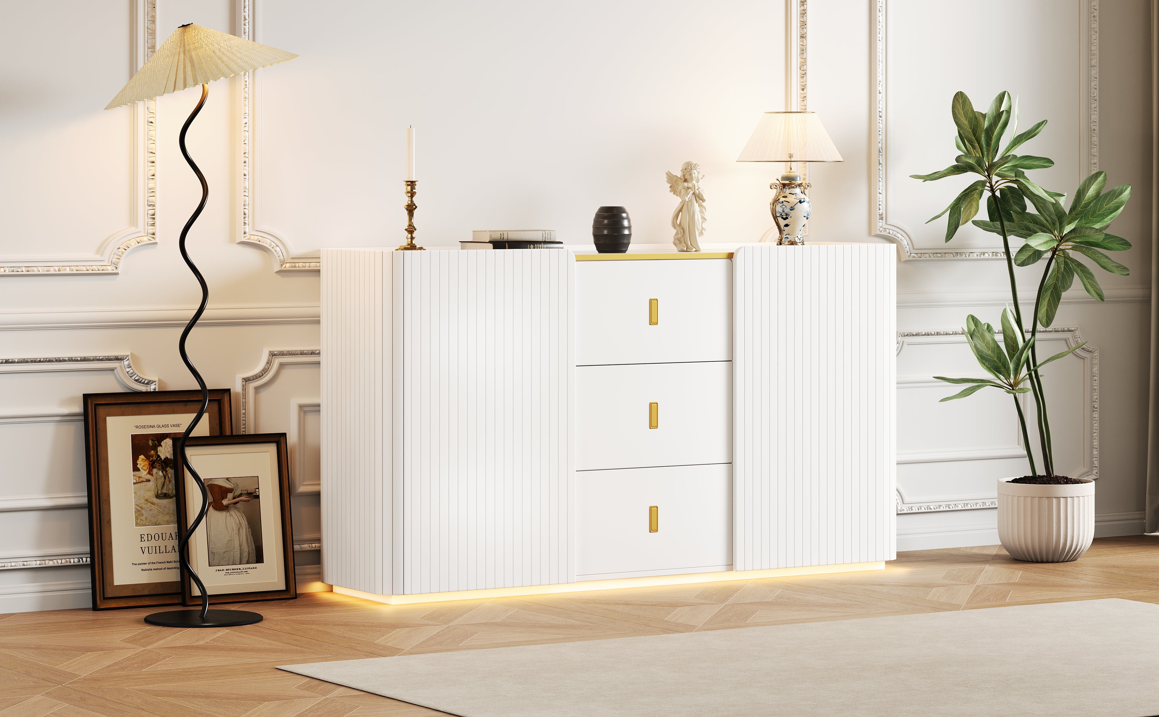 LED Sideboard, 150cm Multifunctional with 2 Doors & 2 Drawers