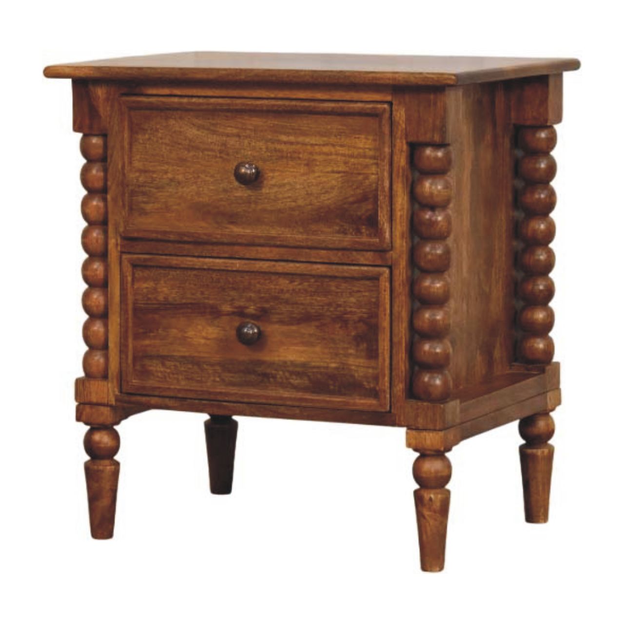 Solid Wood Nightstand, Spindle Leg 2 Drawers, Amber Oak/Brown