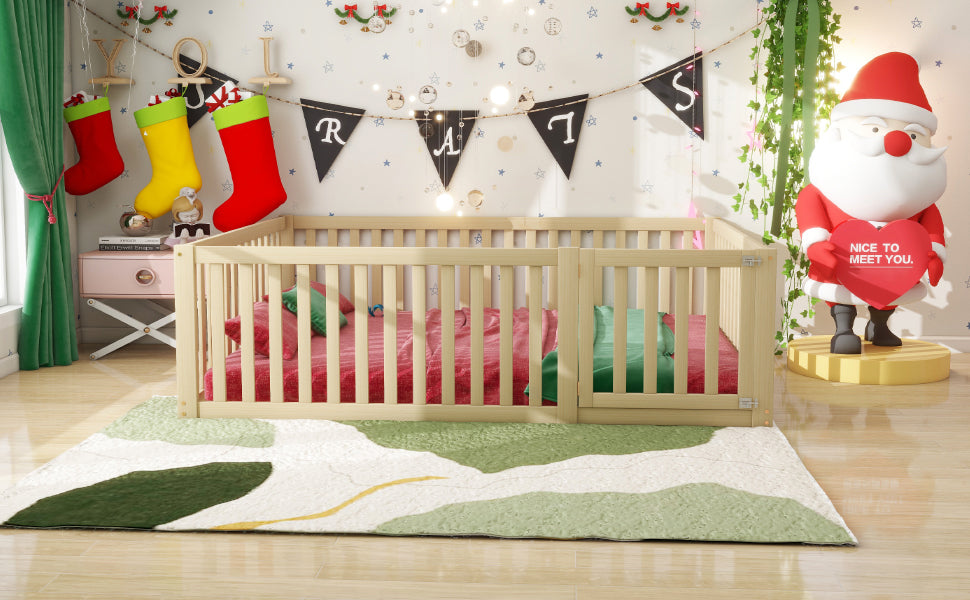 Children's bed 140x200 wooden floor bed frame with fence and door, wood color