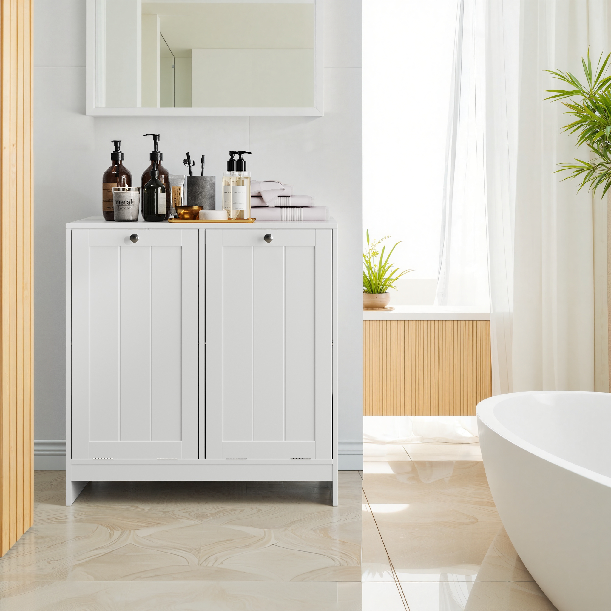 Tilting Laundry Basket Removable Hamper Storage Cabinet, White