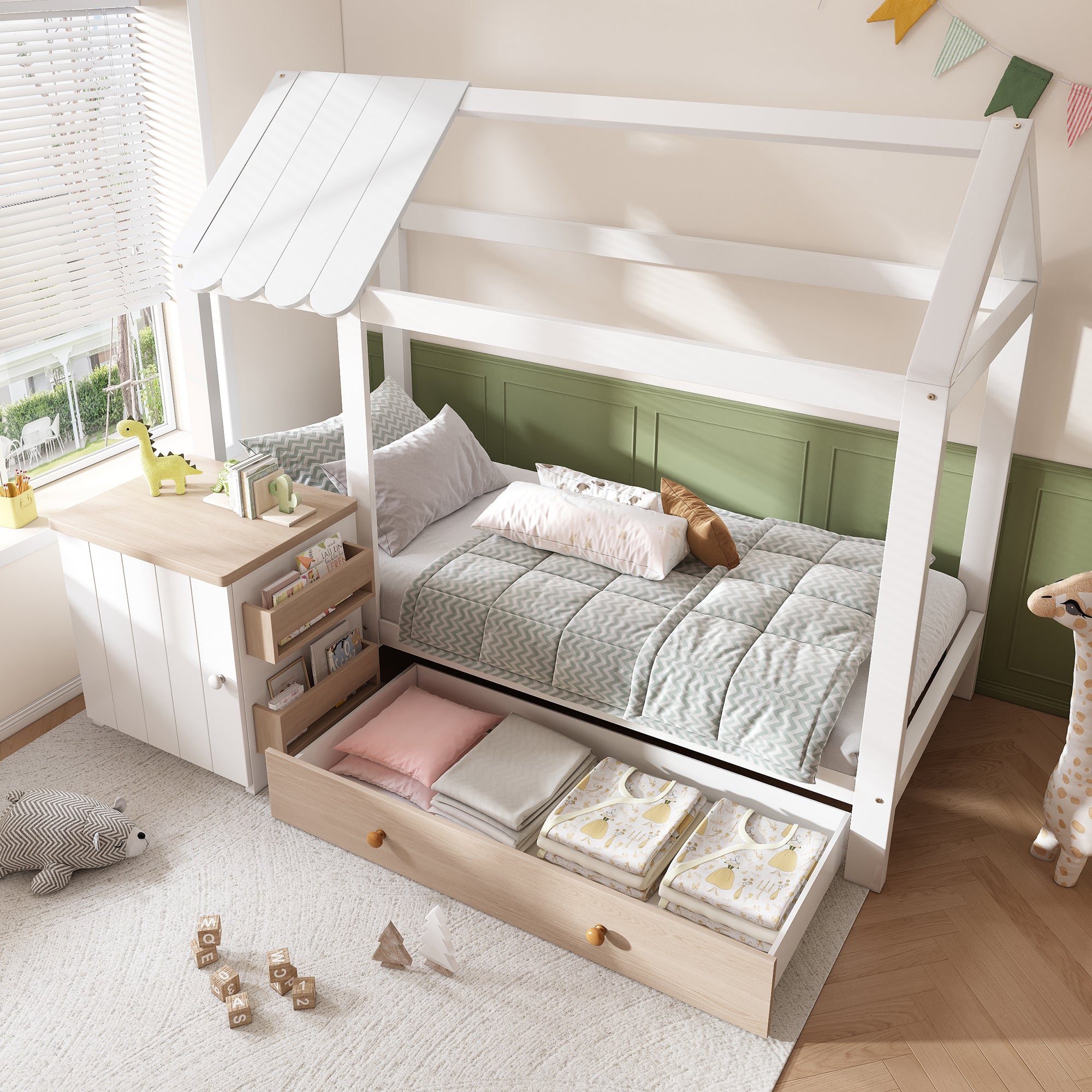 House Bed Children's Bed 90x200cm Solid Wood with Drawers & Removable Nightstand - White & Oak White