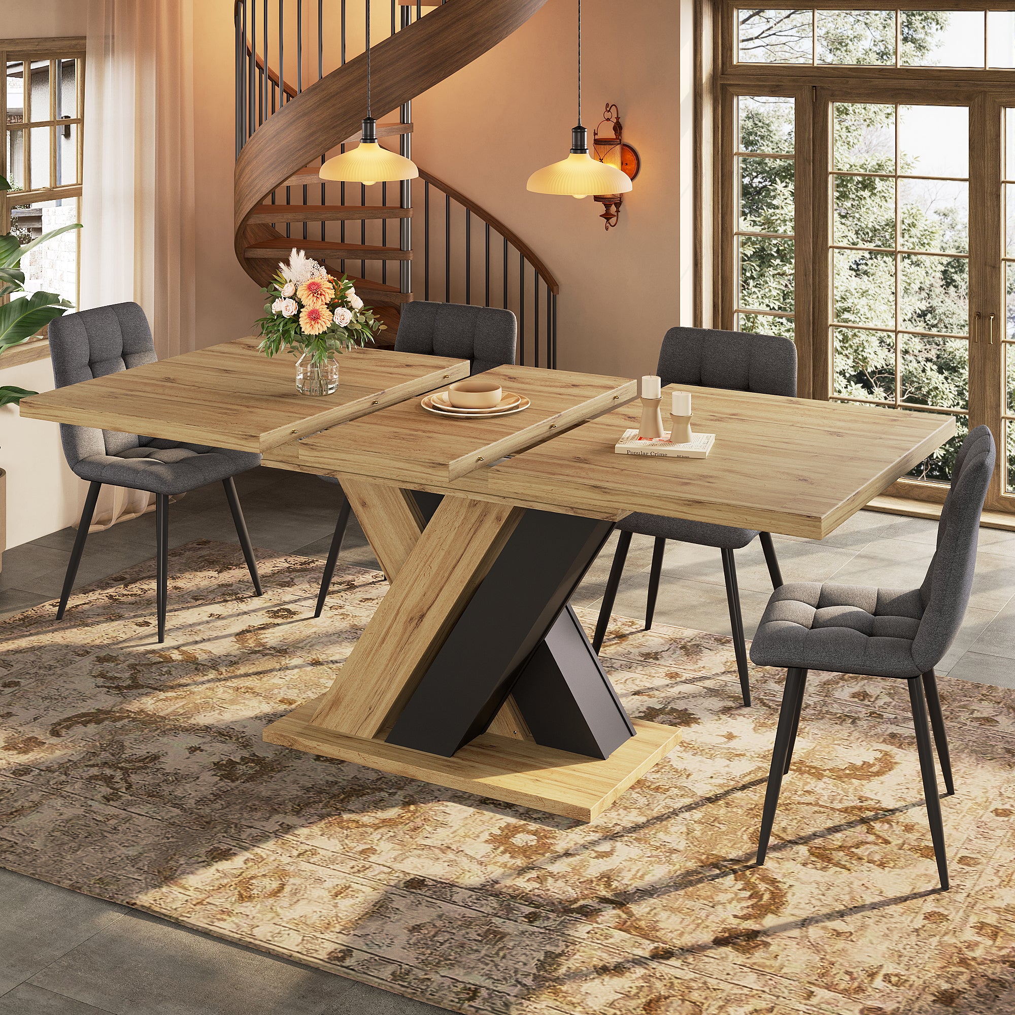 Telescopic Dining Table 119-158.5x80cm Extendable X-Legs - Wood Color