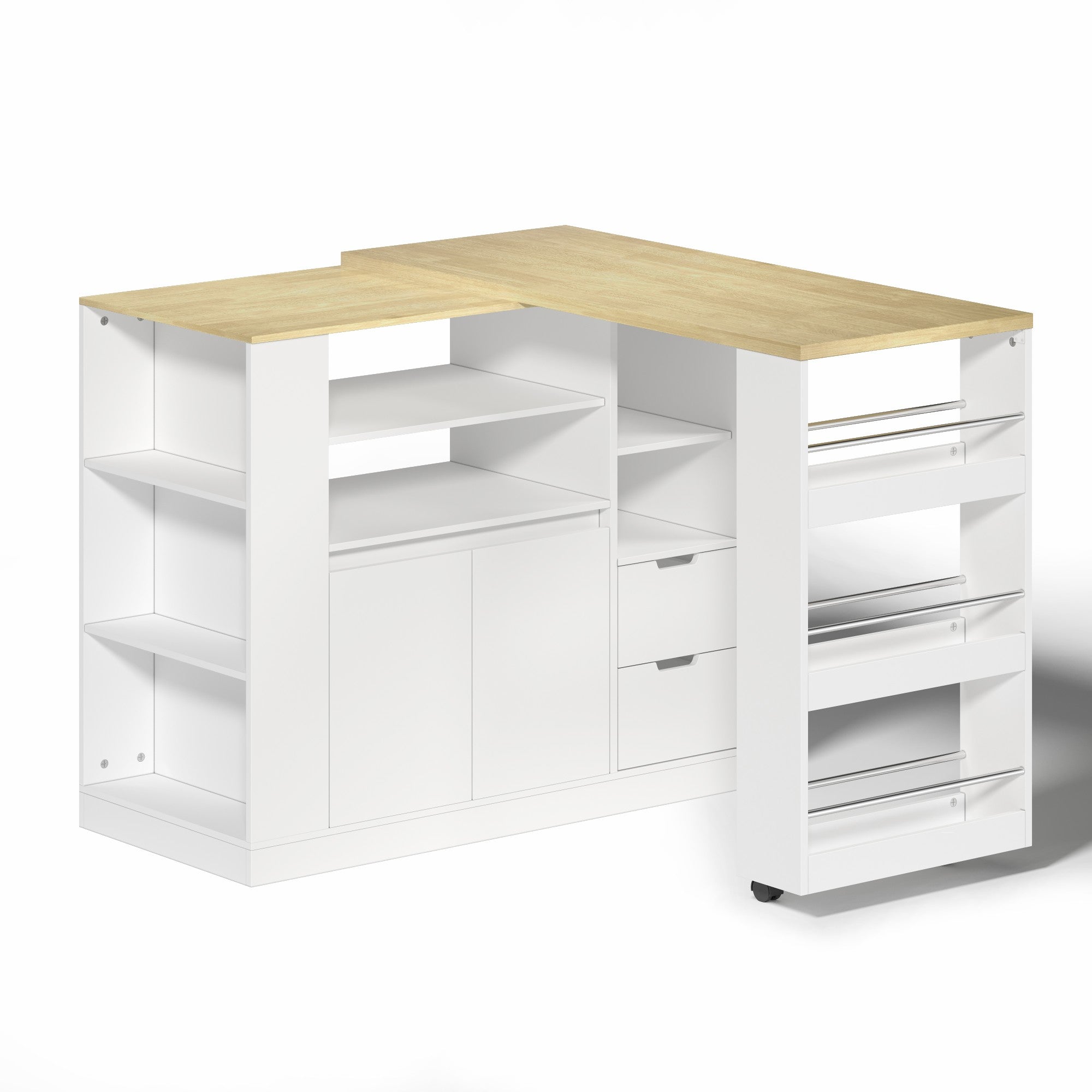 Kitchen Island with Extendable Worktop and Storage Shelves, Wood Look