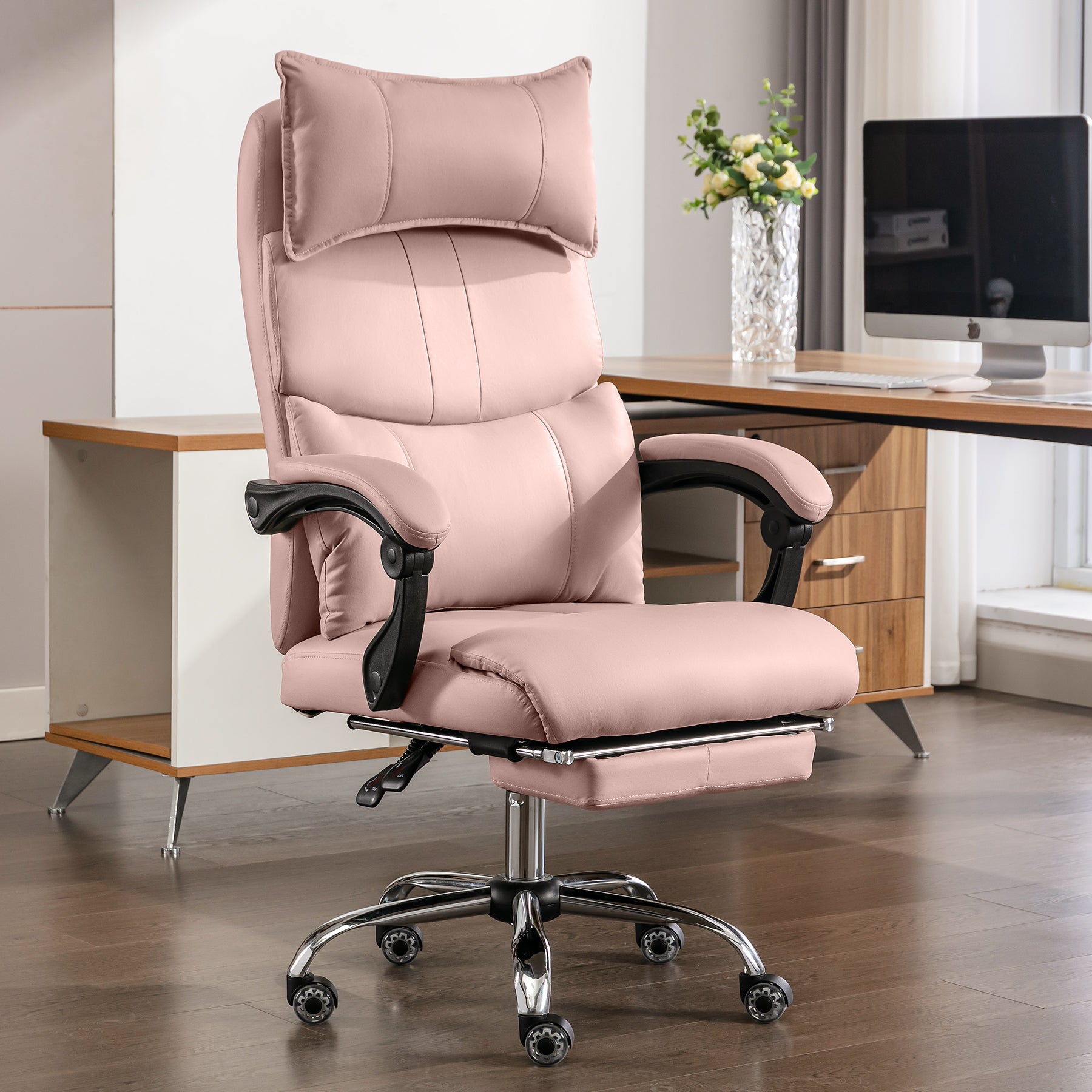 Office Chair, Ergonomic Height-Adjustable Swivel with Dual Lumbar Support, Pink PU Leather