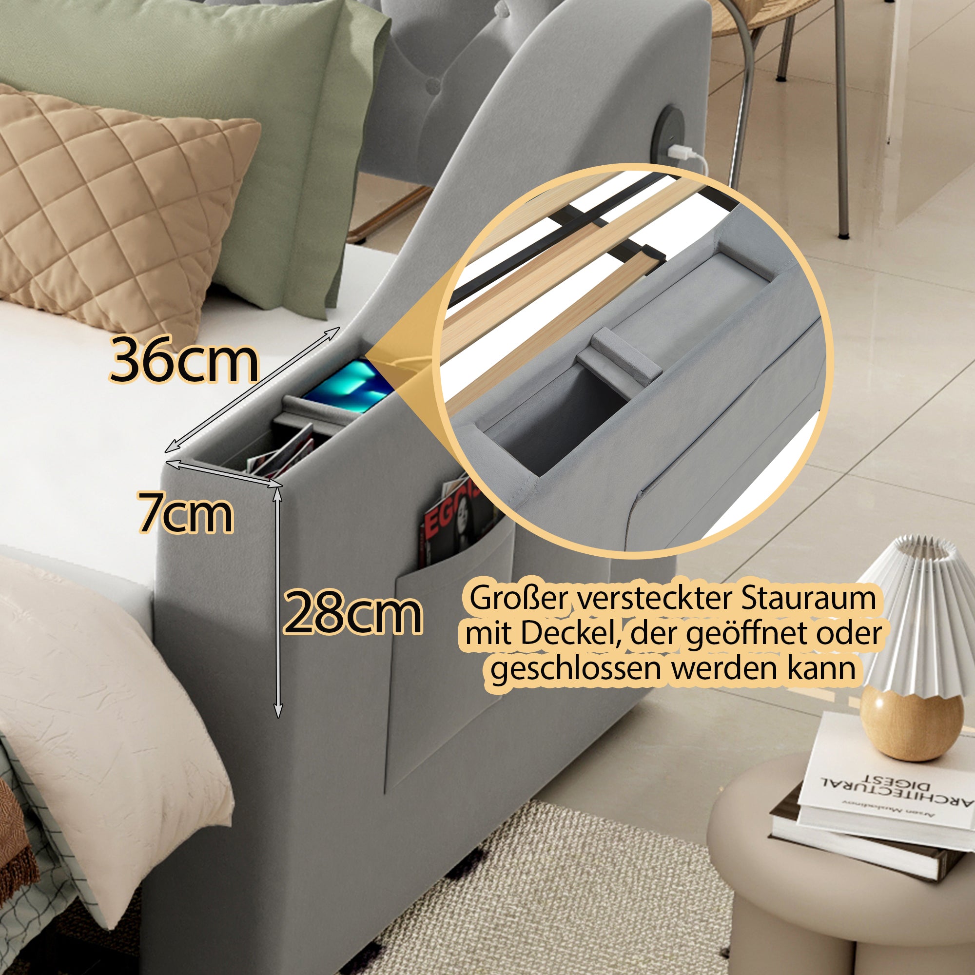 Upholstered Sofa Bed with USB Charging Port, Storage, Slatted Frame, Velvet Fabric, Grey