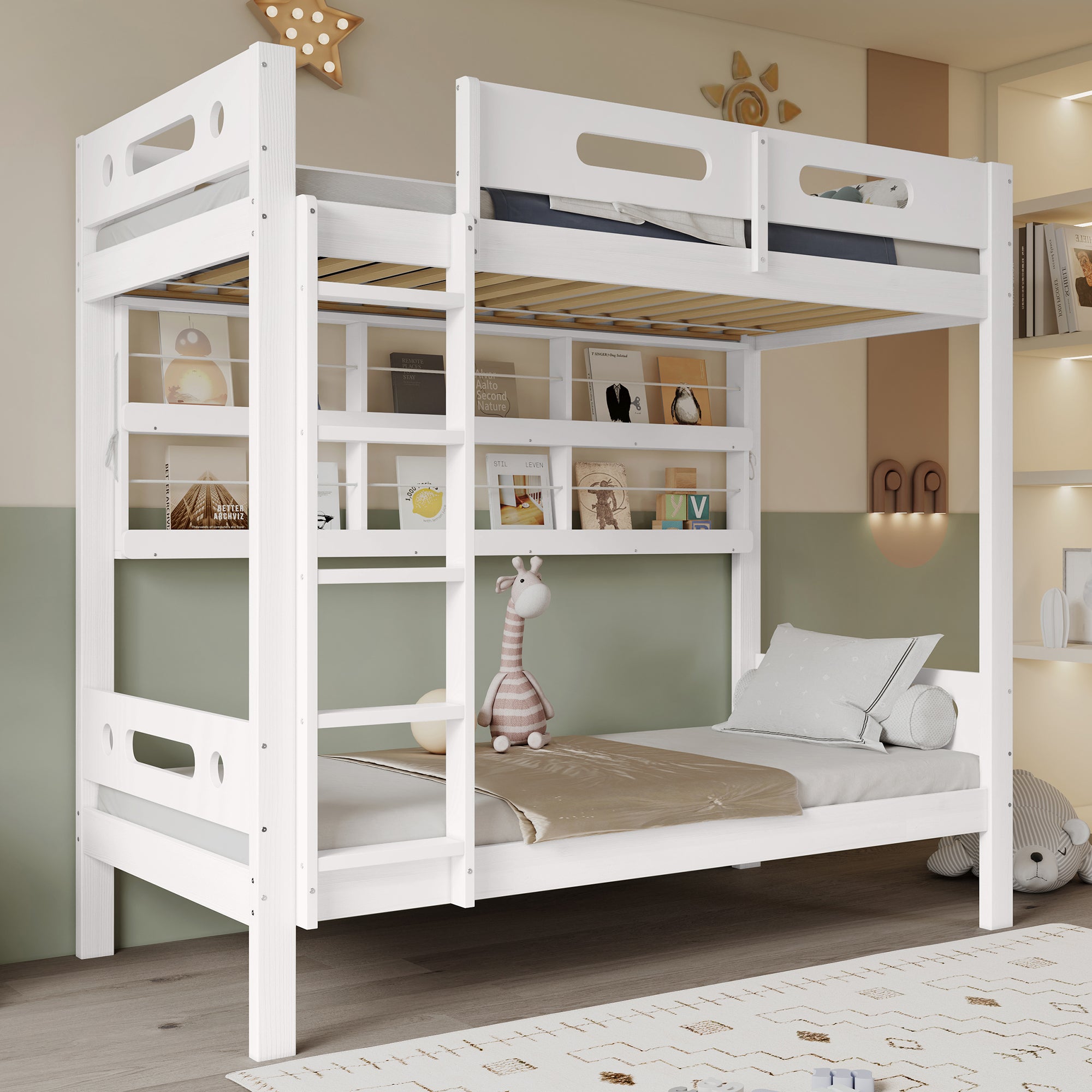 Bunk Bed, Children's with Safety Gate, Open Shelf, 5-Step Ladder, Pine + MDF White, 90x200cm