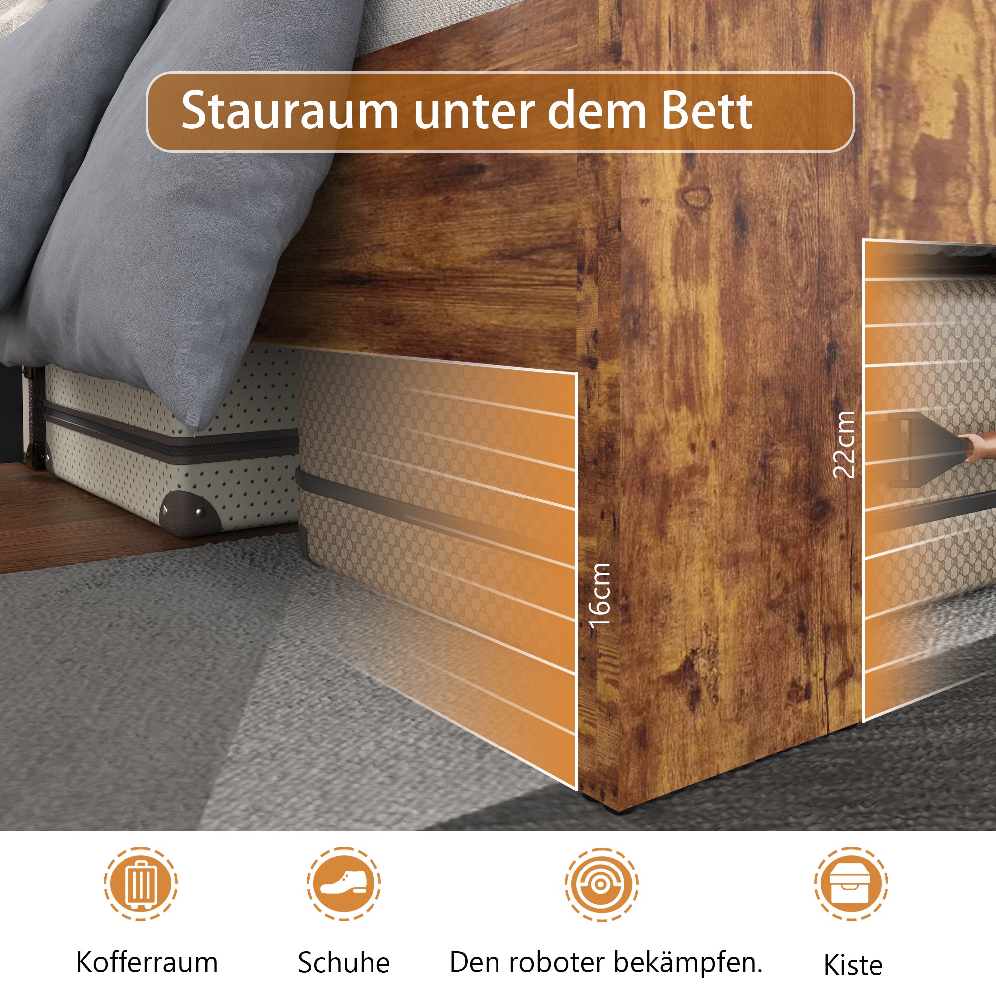 Wooden Double Bed 140x200cm High Headboard Frame, Antique Wood/Iron