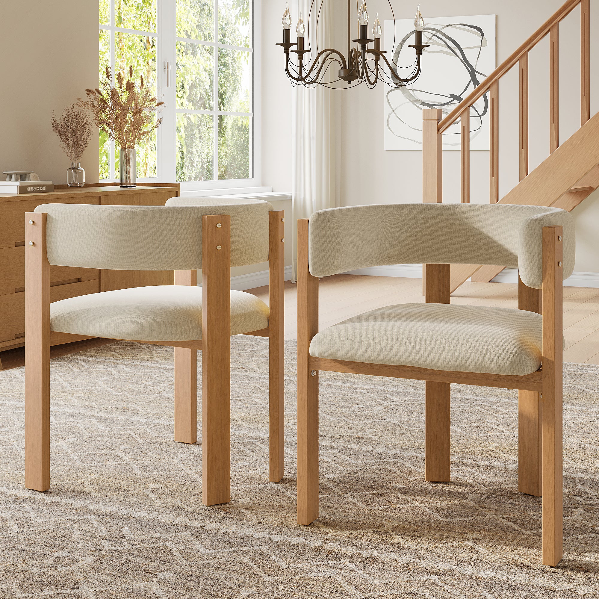 Ergonomic Dining Chairs Set of 2 with Thick Padding and Iron Legs, Wood Look