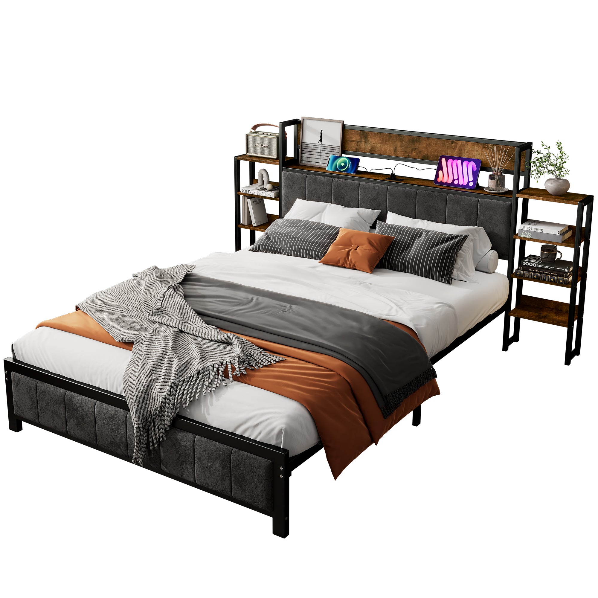 Metal Bed, Storage with Shelf & 3 USB Ports, Black & Walnut