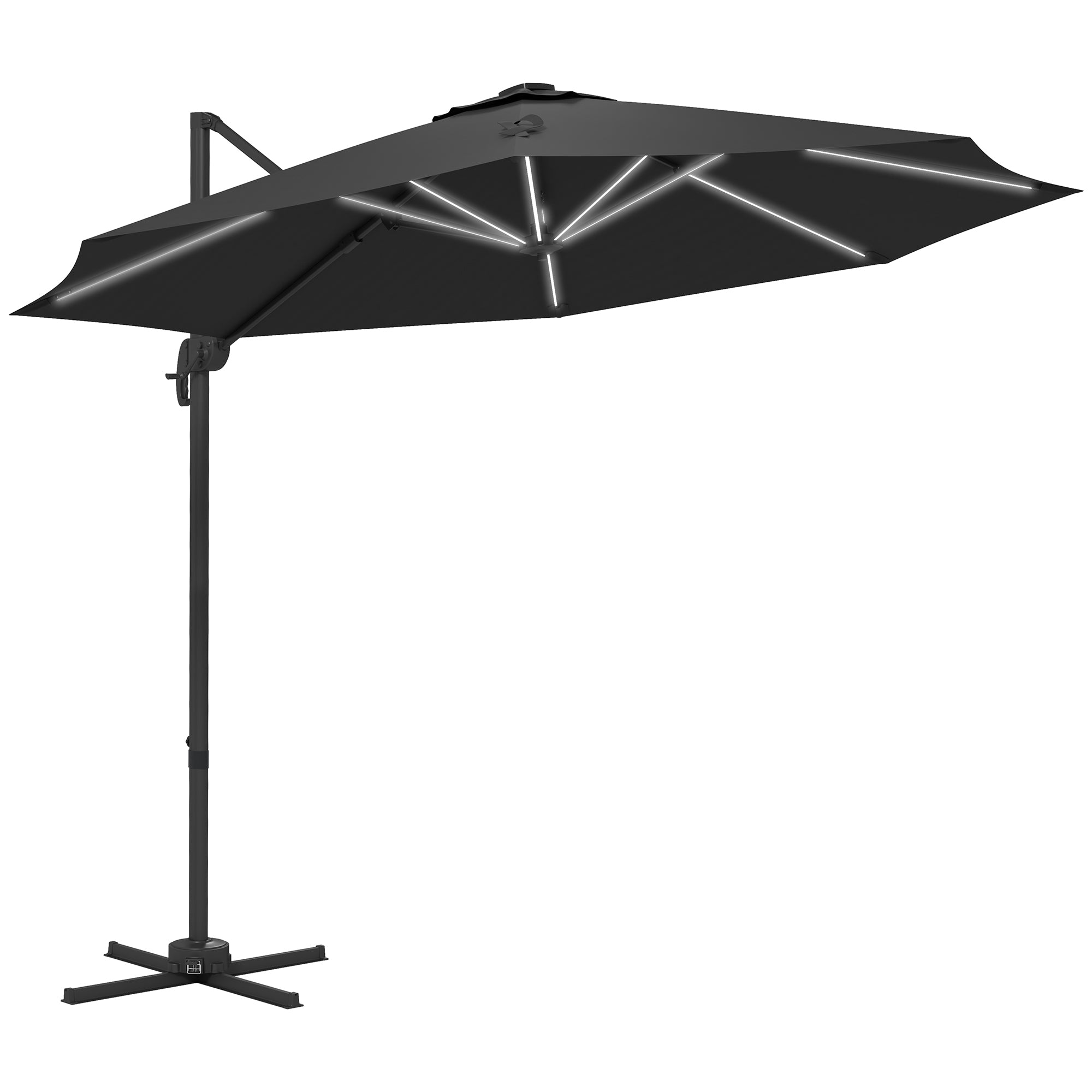 Cantilever Parasol, 3m Adjustable with Base Solar LED Lights, Dark Grey