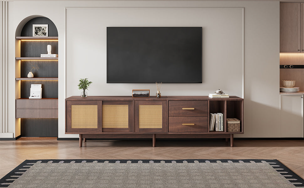 TV Cabinet, 190x40x52cm Lowboard with Drawers, Rattan MDF, Brown