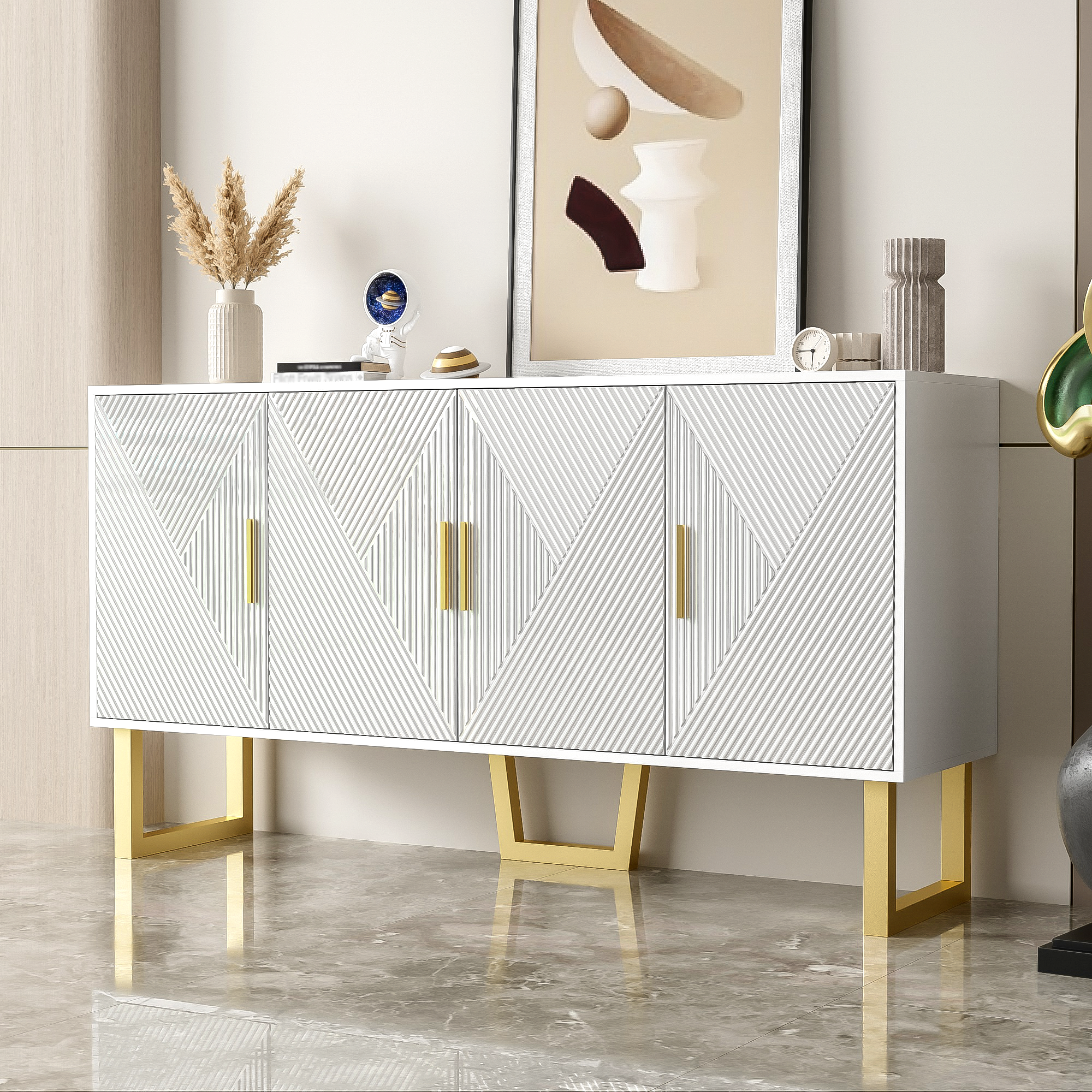Sideboard, 150cm Modern Luxurious 4-Door with Adjustable Shelves, White High-Gloss