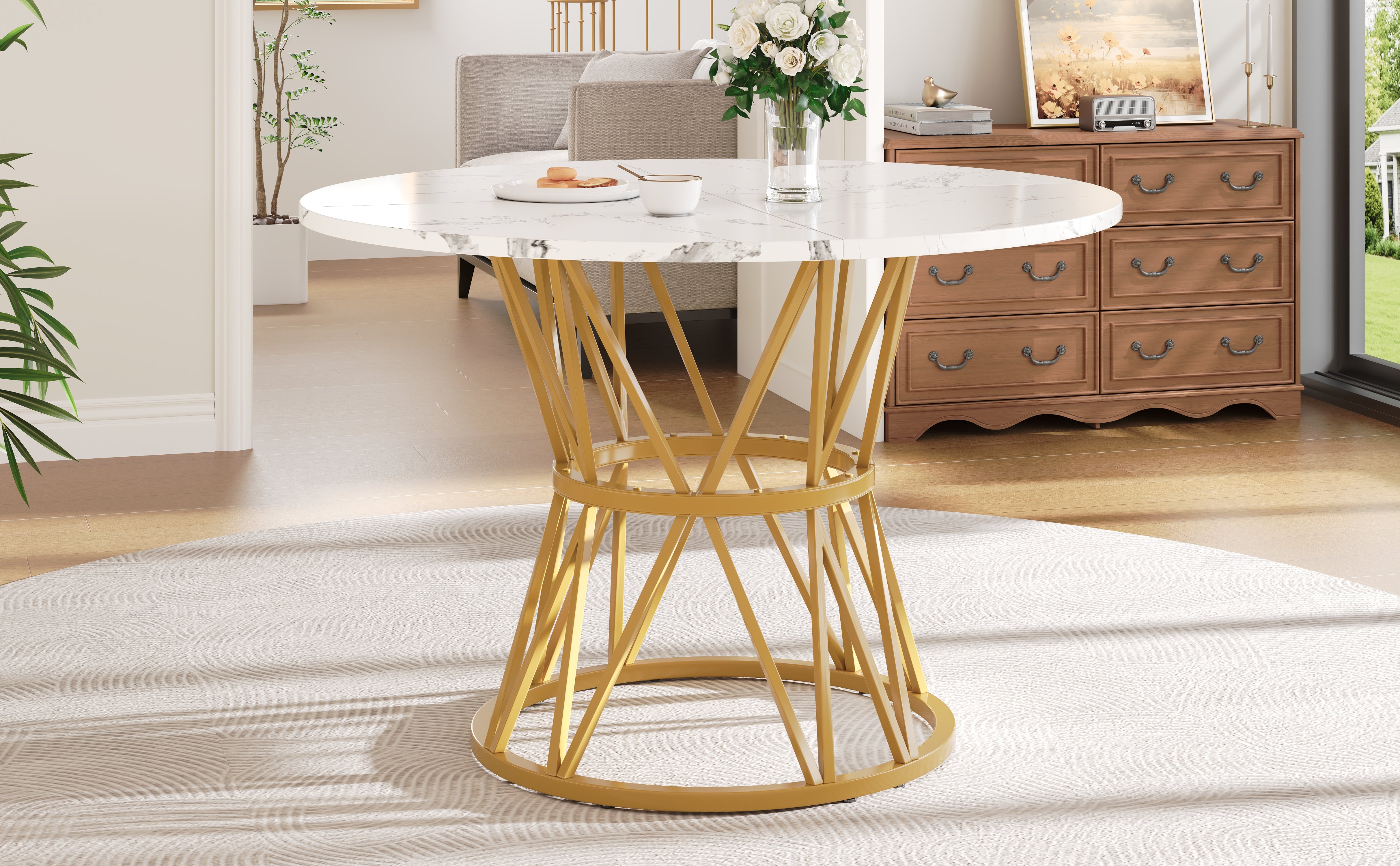 Round Dining Table 100cm 4-Seater MDF Marble Top Gold
