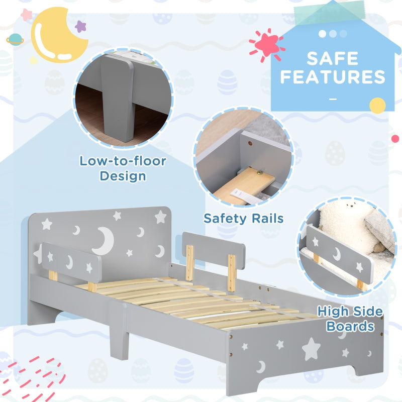 Kids Toddler Bed Star Moon Patterns Side Rails Grey