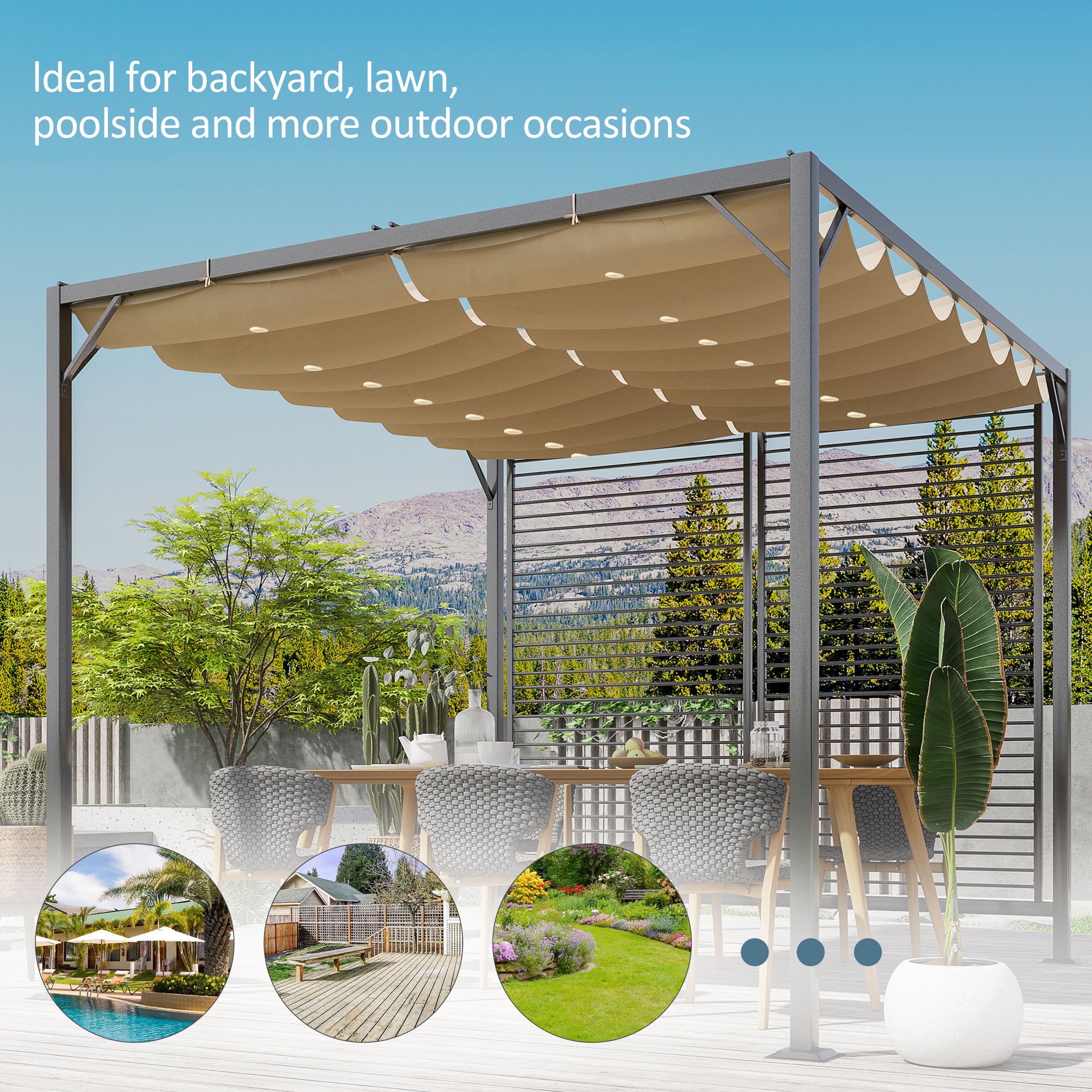 Metal Pergola 3 x 2.8m, Retractable Fabric Roof - Beige