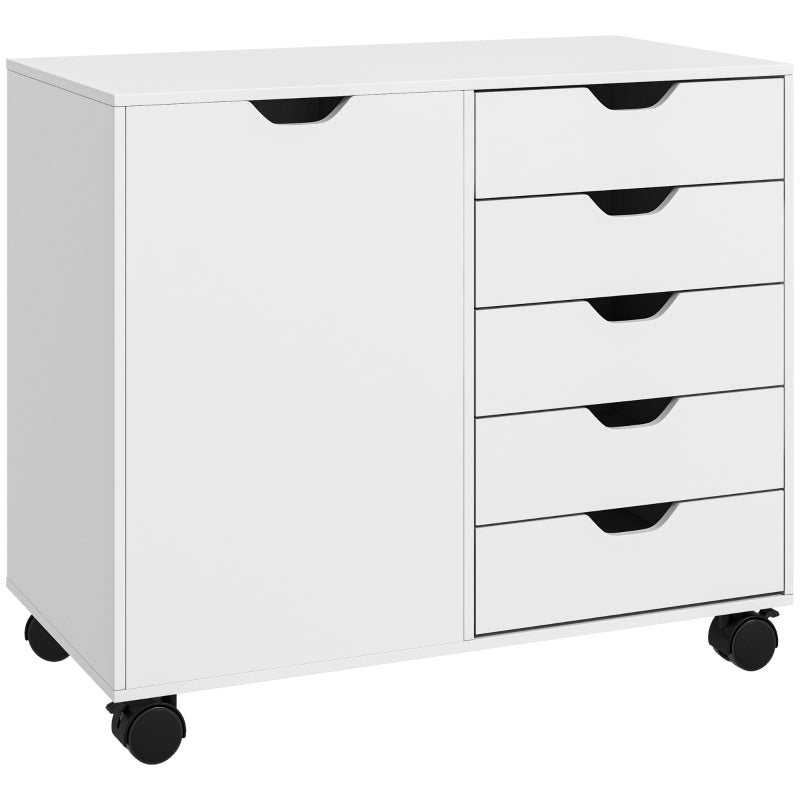 Multi-Storage Mobile Office Cabinet, 5-Drawer Cupboard Adjustable Shelf, White