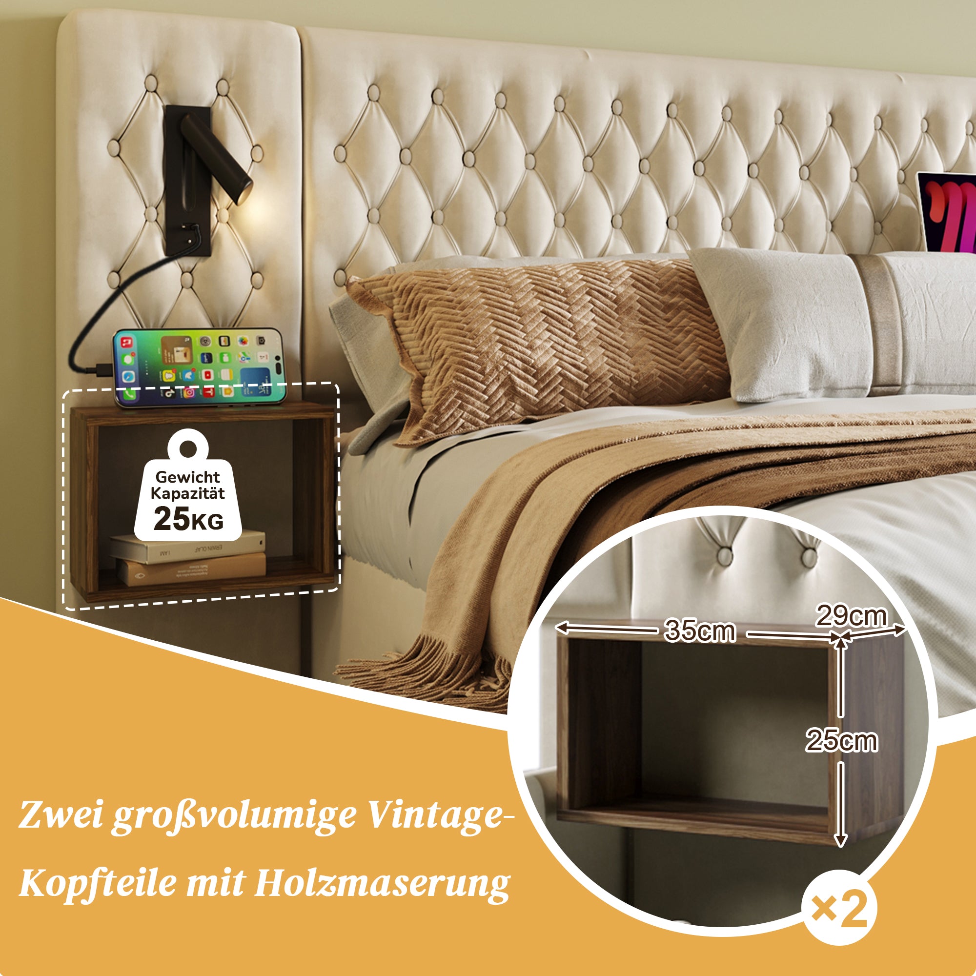 Bedroom Set, Upholstered Double Bed 180x200cm with 2 Nightstands, 4 Drawers, Headboard Reading Light, USB Charging, Beige Velvet