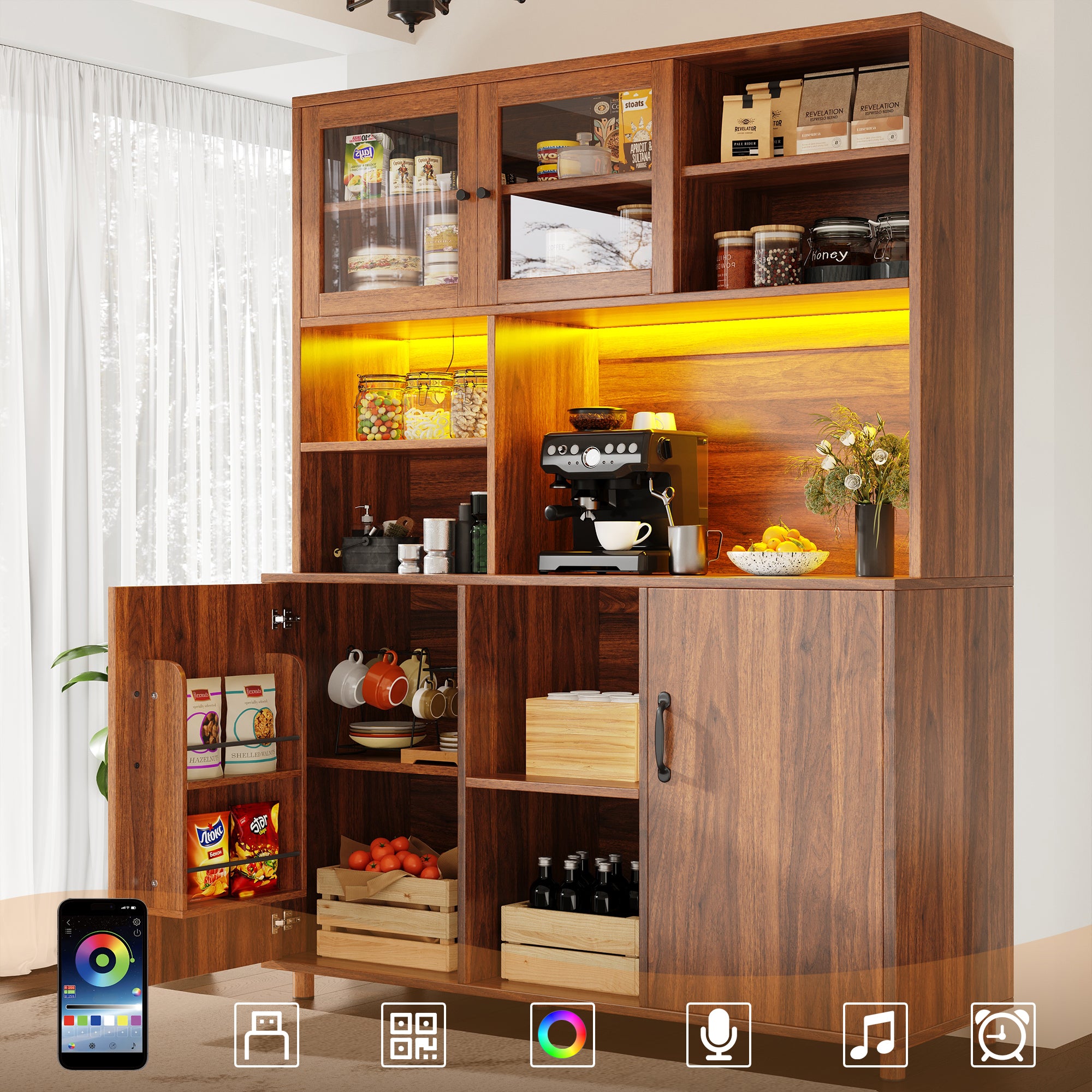 Tall Cabinet with LED Lighting, Snack Shelf, Retro - Walnut