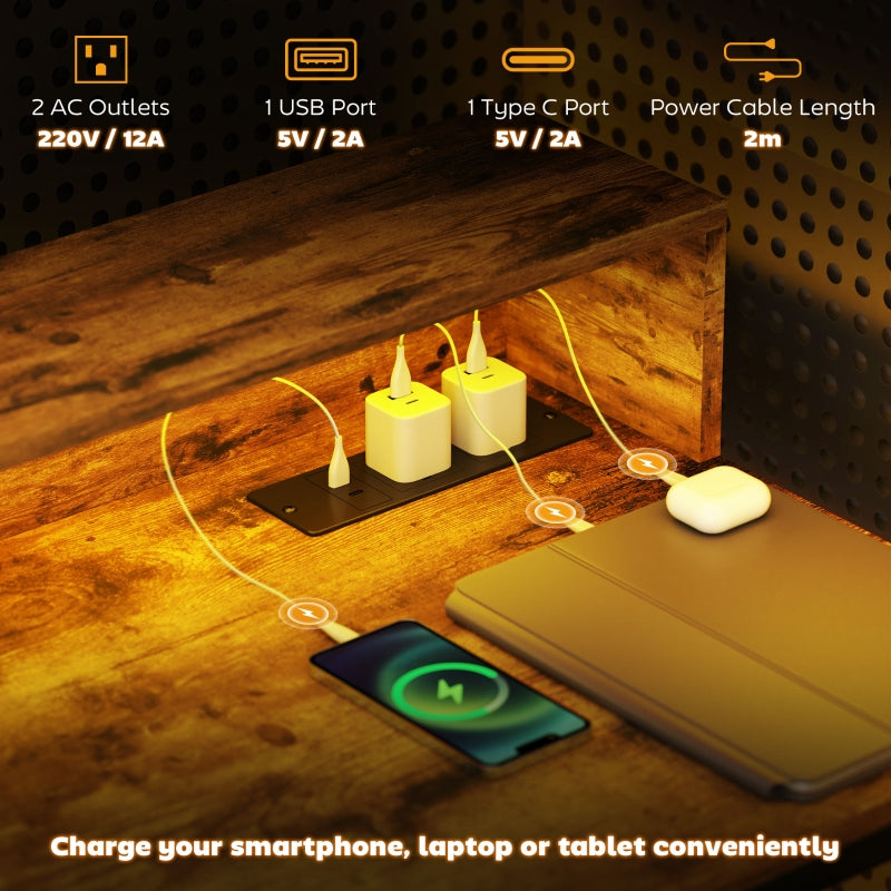 100cm Computer Desk, LED Lights Power Outlets Monitor Stand, Rustic Brown