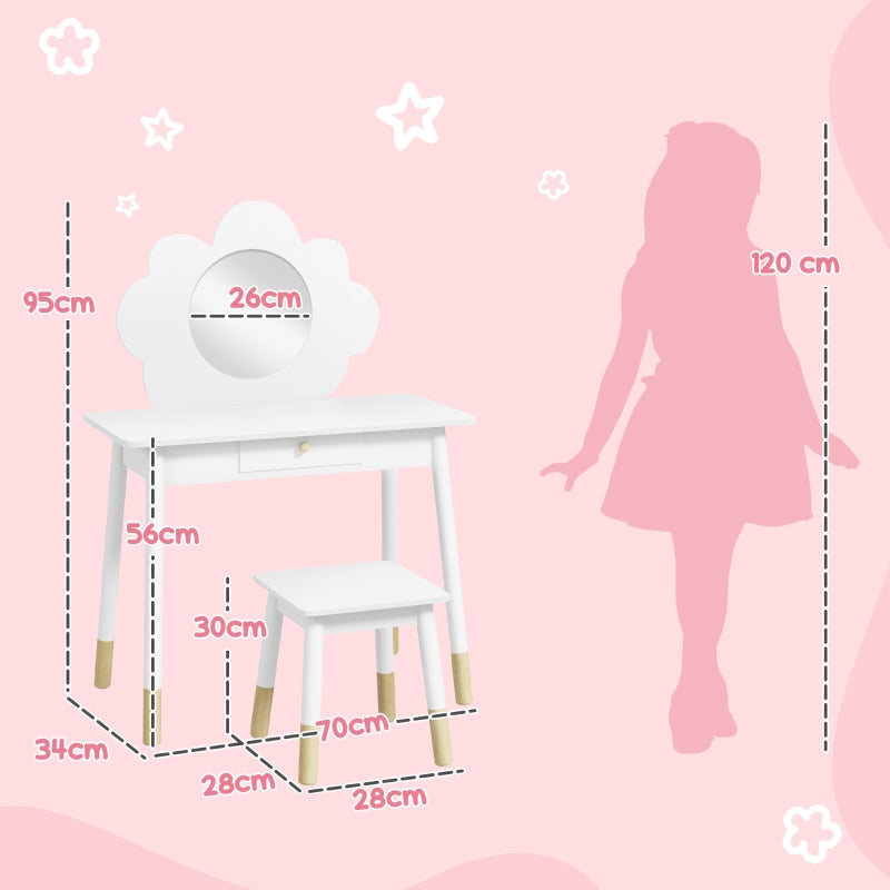 Kids Dressing Table with Mirror Stool Drawer Cloud Design, White MDF