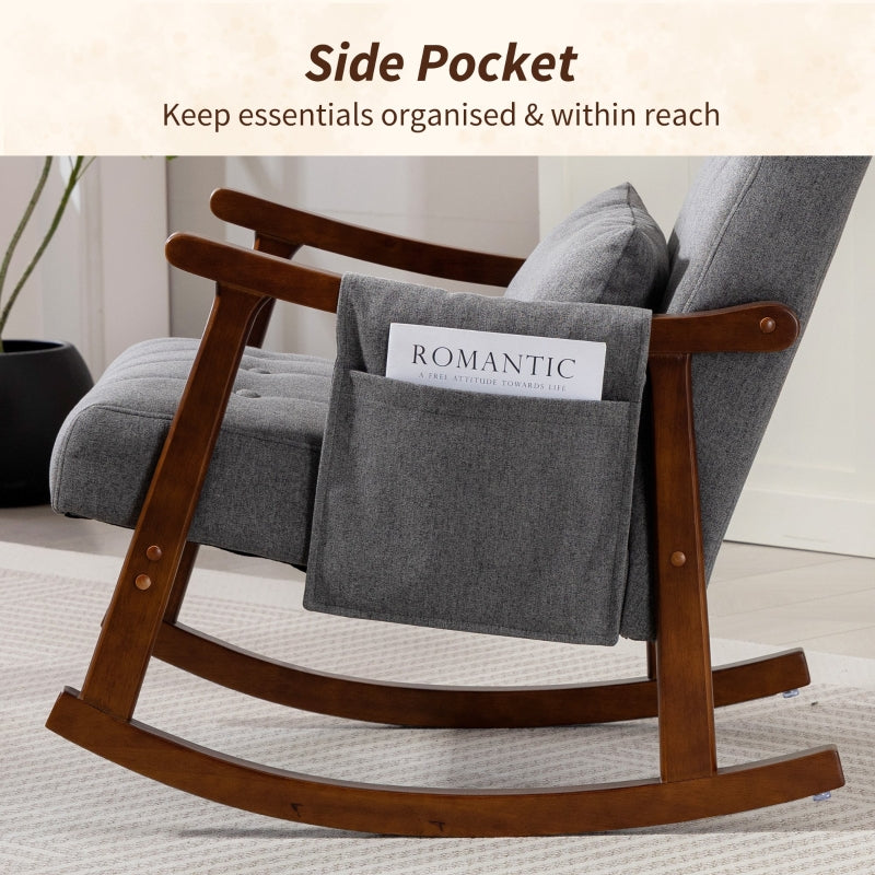 Wood Frame Rocking Accent Chair, 35° Rocking Base with Side Pocket, Grey