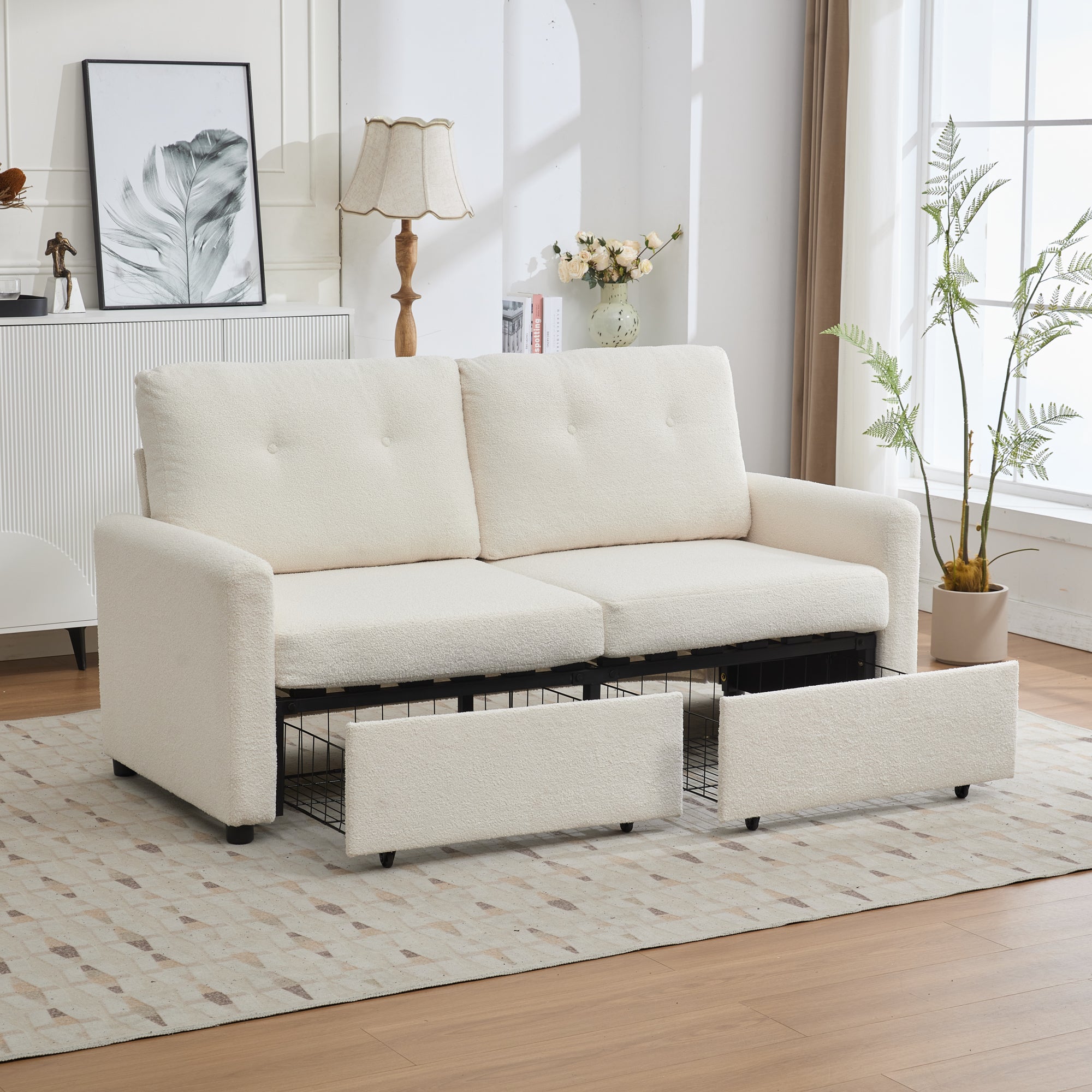 2-Seater Sofa with Double Drawer Storage, Crepe Texture, Ivory-Colored