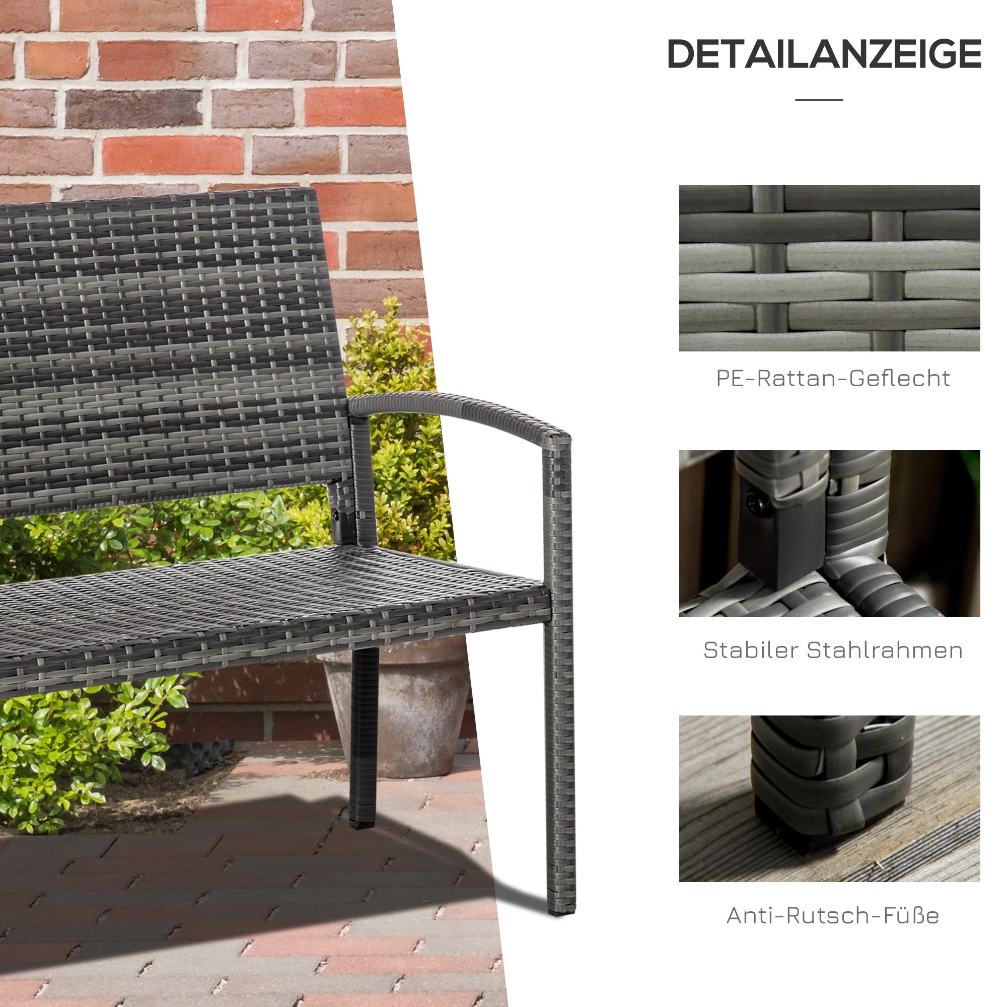 Garden Bench, Rattan Look 2-Seater Steel Frame 320kg Capacity, Grey