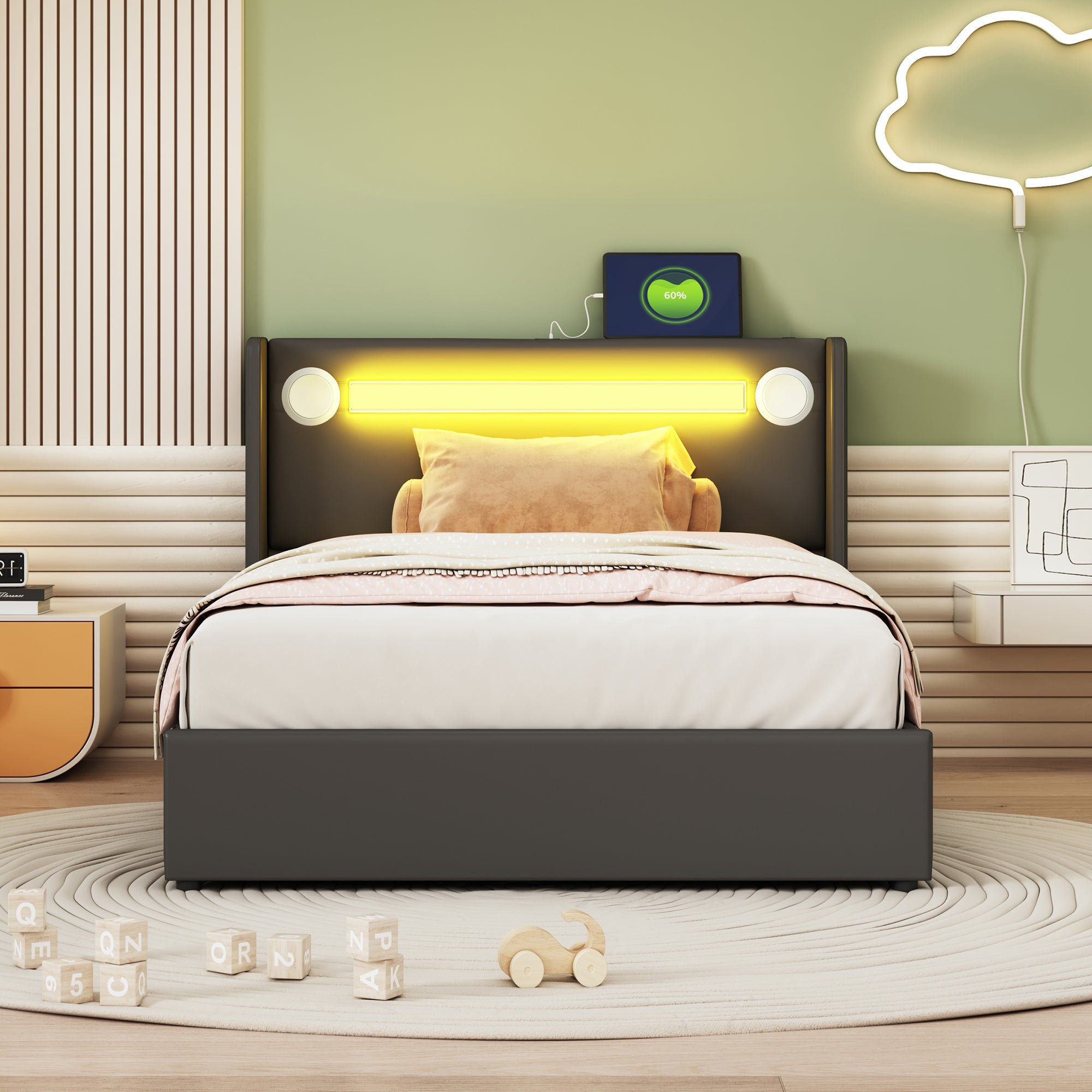 Children's Bed 90x200 with LED, Bluetooth & USB, PU Leather