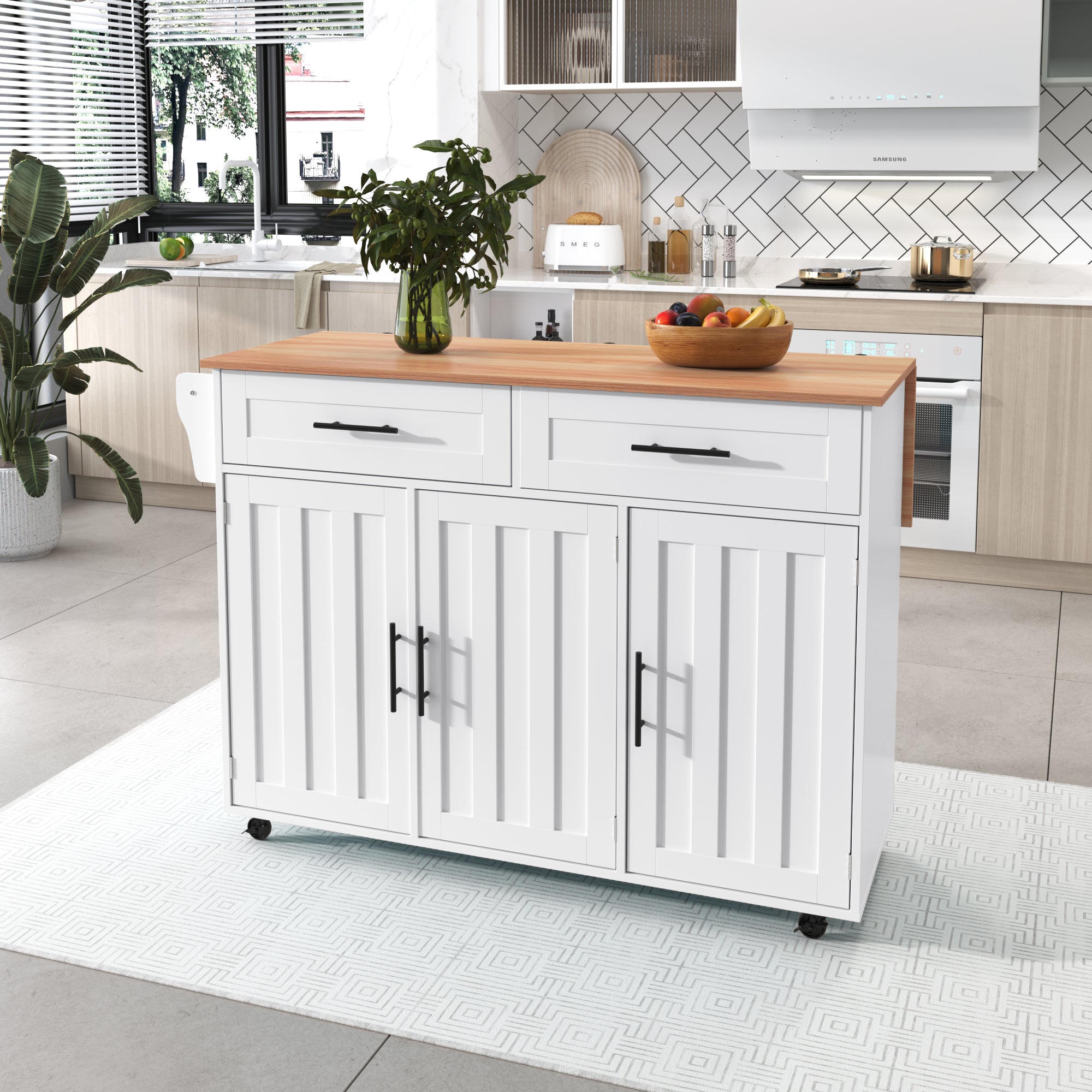 Dining Cart Sideboard 129cm Folding Worktop Storage Cabinet Wheels Reversible Feet - Wood Grain & White