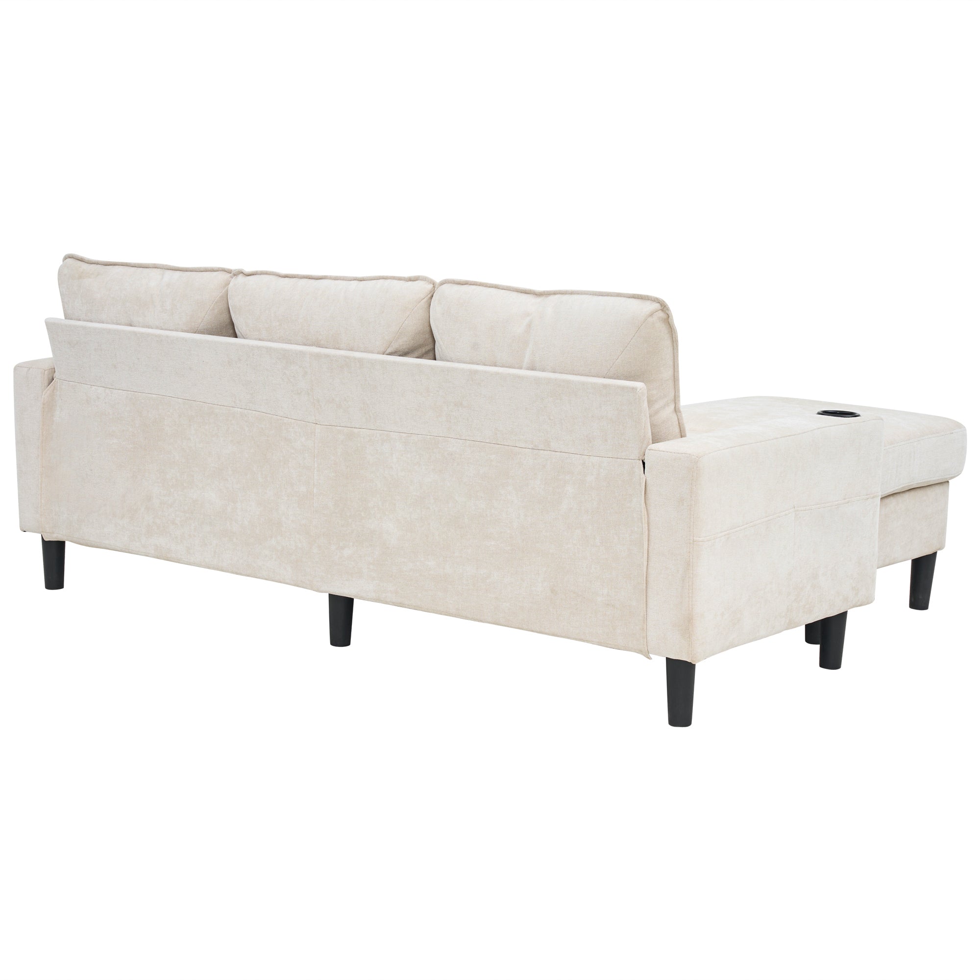 Upholstered Sofa, 3-Seater L-Shaped Sofa Bed with USB & Type-C Ports & Cup Holders, Beige