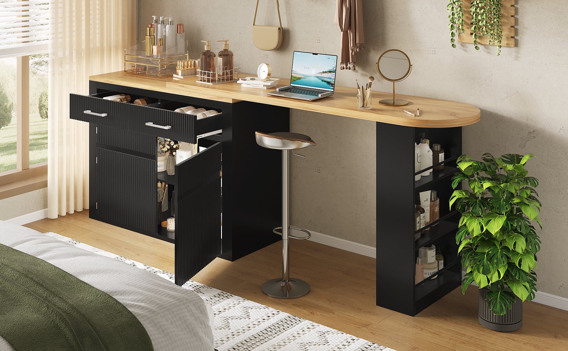 Extendable Bar Table Telescopic Storage Drawer Shelves - Black