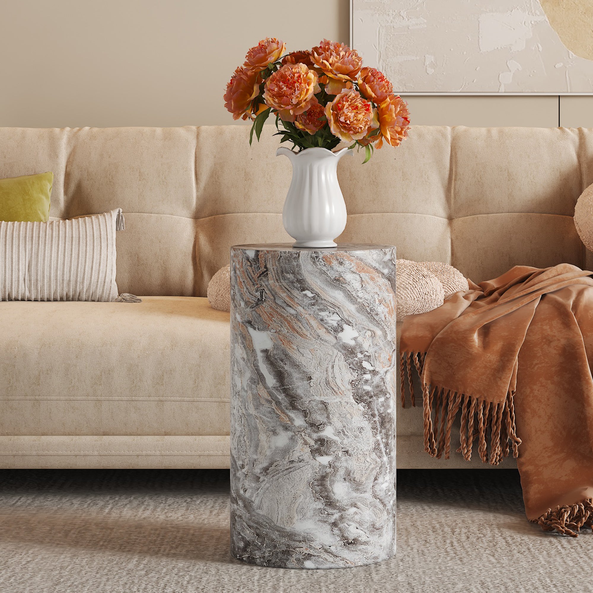 Coffee Table Round MDF Minimalist Design Small Side Table Grey Marble Look