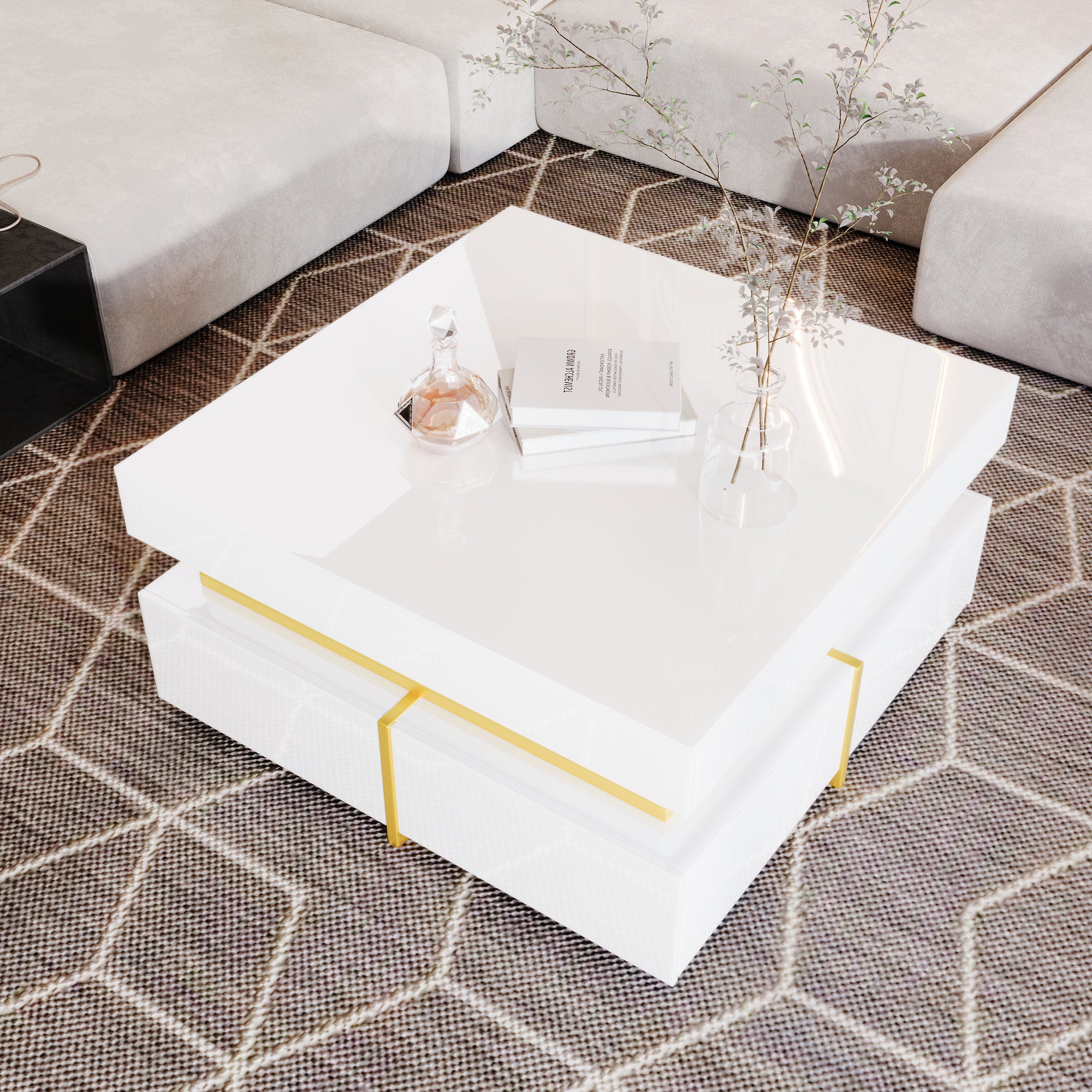 Coffee Table High-Gloss Drawers Gold Accents