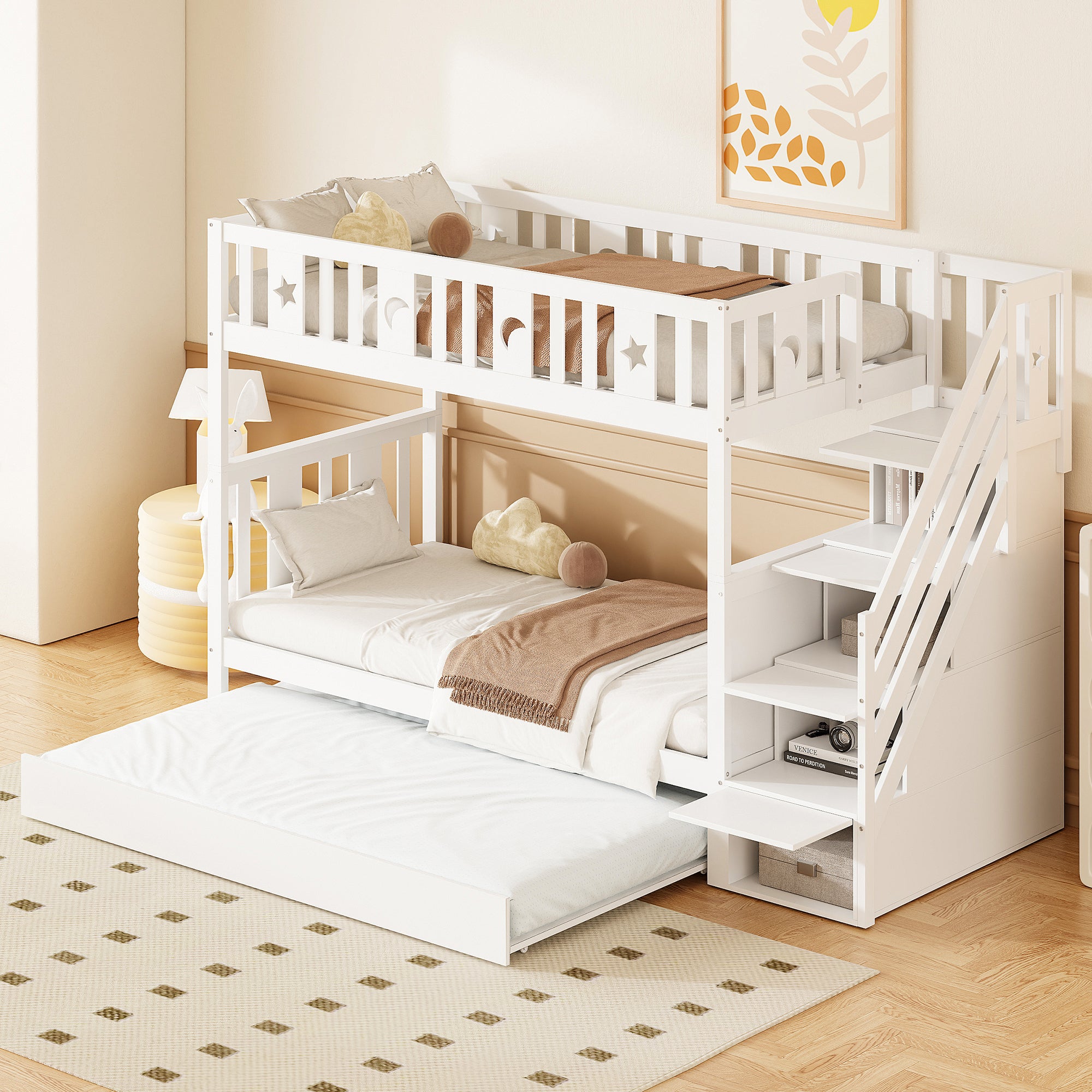 Children's Bunk Bed, 90*200 cm with Pull-out Bed, Safety & Storage Stairs, Solid Wood White