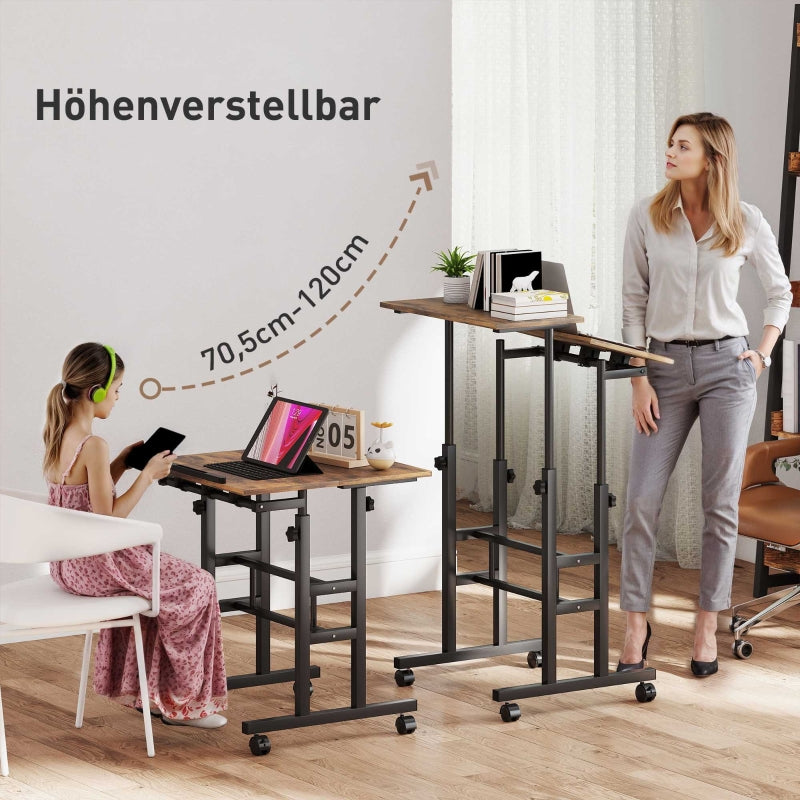 Height-Adjustable Desk 60x60cm Shelf Casters - Rustic Brown