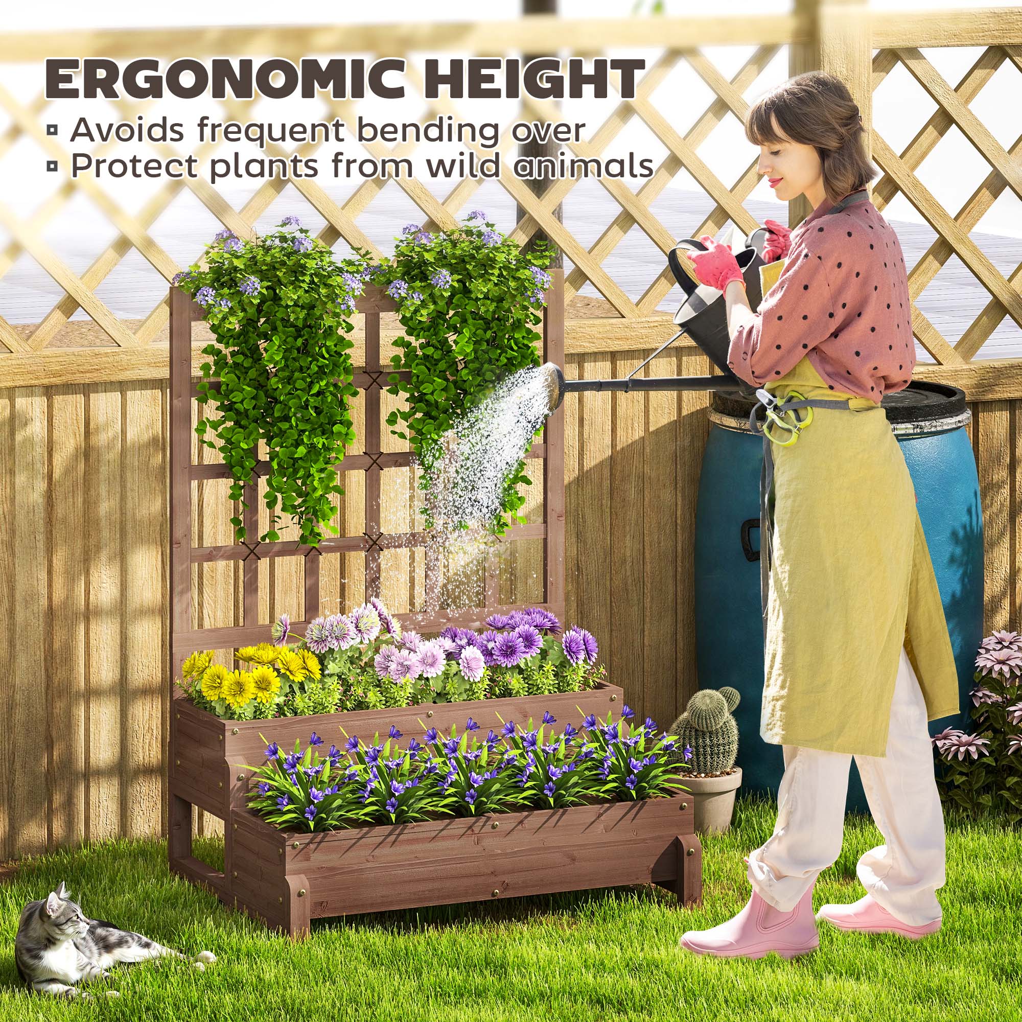 2-Tier Raised Garden Bed with Trellis and Drainage Holes, Elevated Wooden Planter, Brown