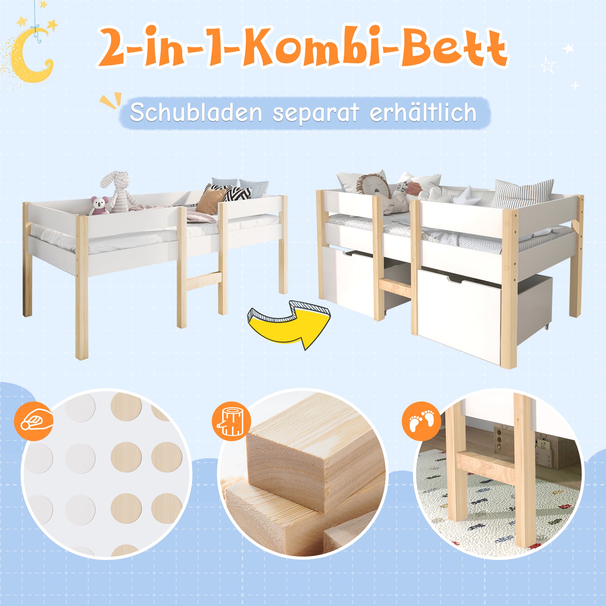 Children's Bed with Drawer and Fall Protection, 90x200 cm, Solid Pine Wood White & Oak
