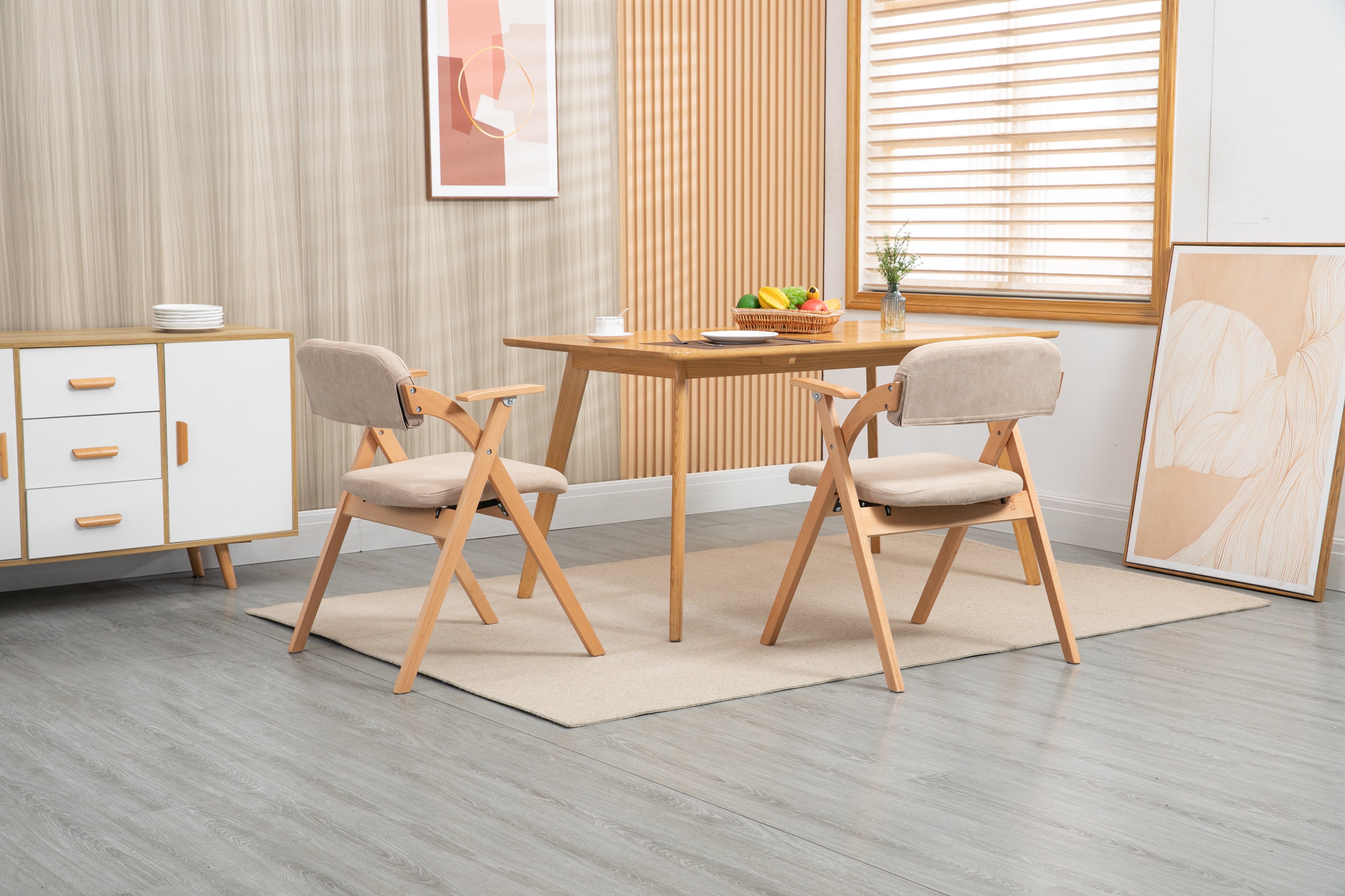 HOMEFUN Folding Dining Chairs, Padded Stackable with Armrest (Set of 2), Wooden Khaki