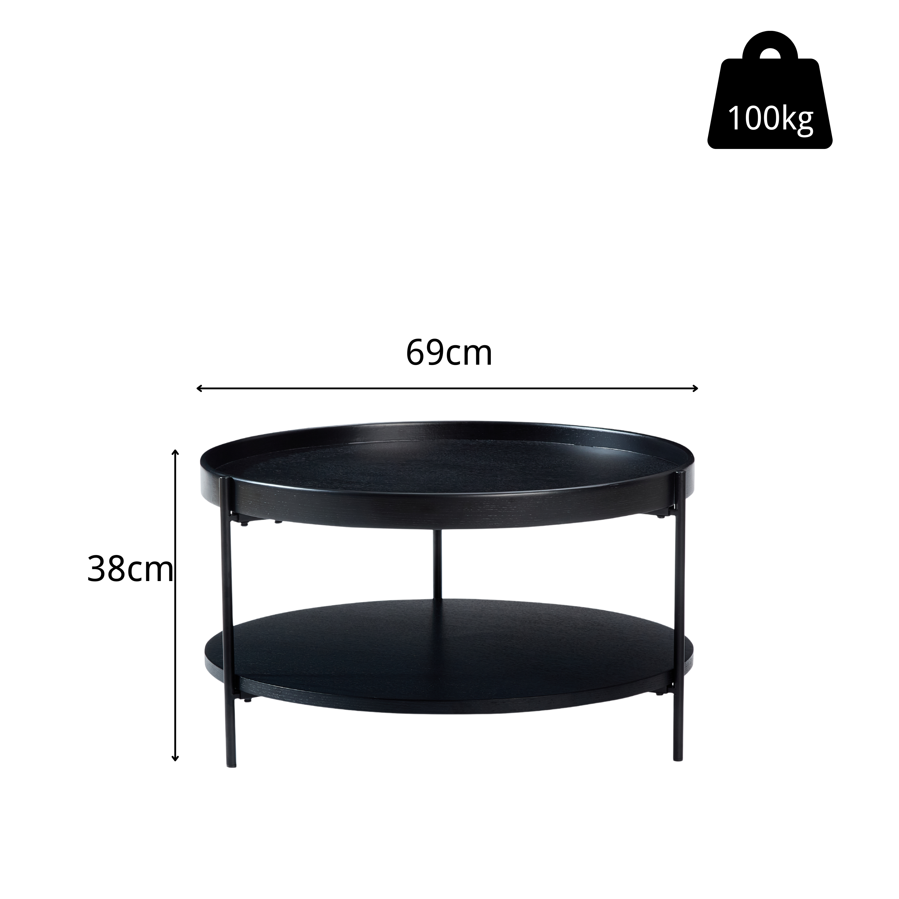Modern 2-Tier Round Coffee Table with Tray Top, Wood and Iron