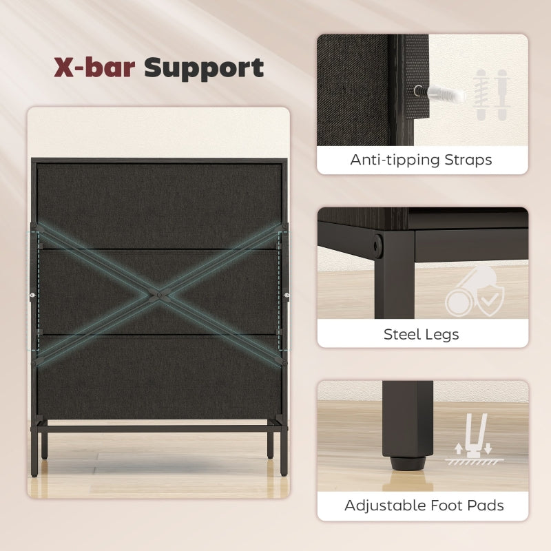 Chest of Drawers Dresser, 3 Fabric Drawers Aluminium Handles, Black